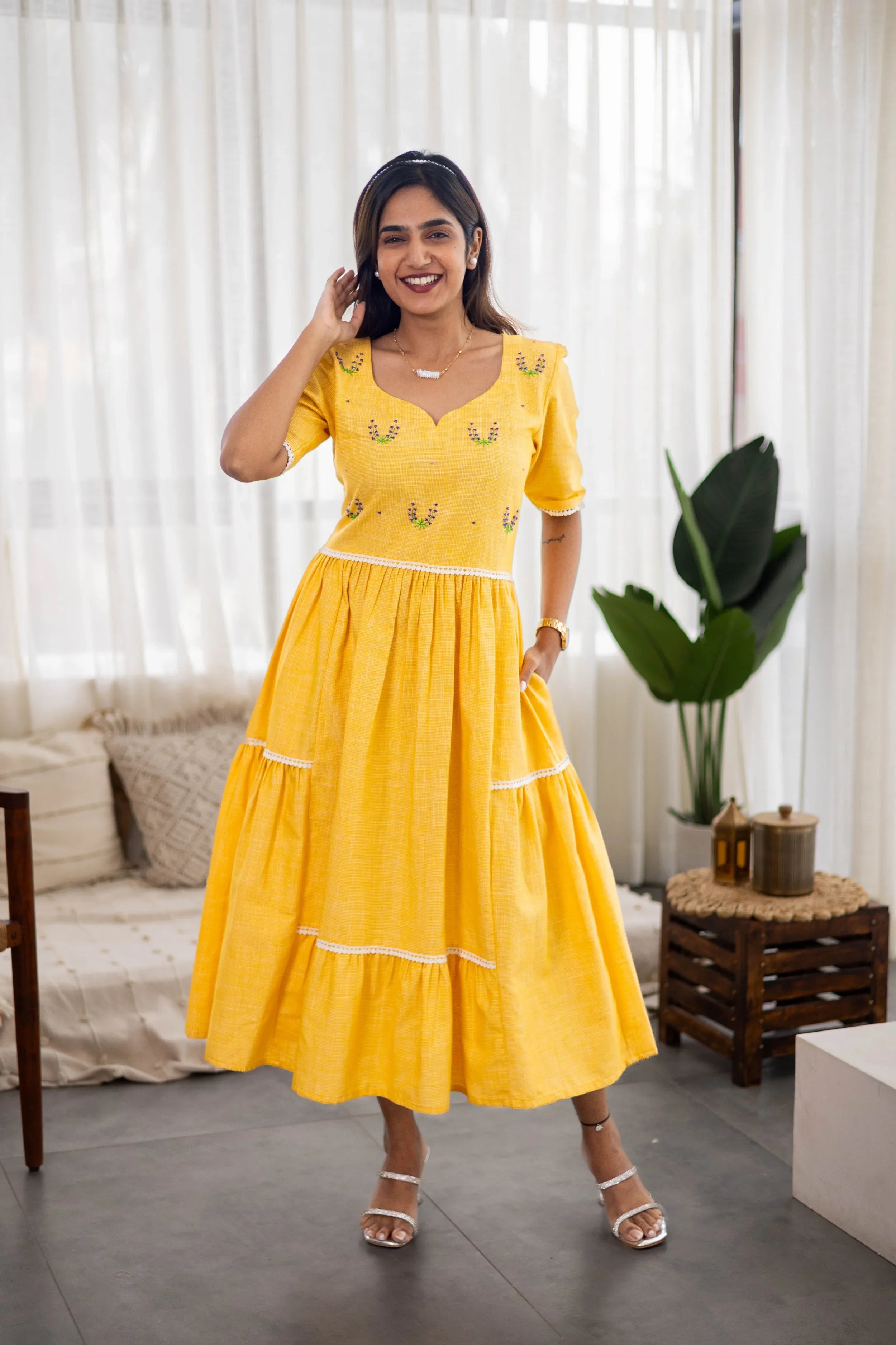 Yellow Cotton Dress (Lavendar Embroidery) - Hello June