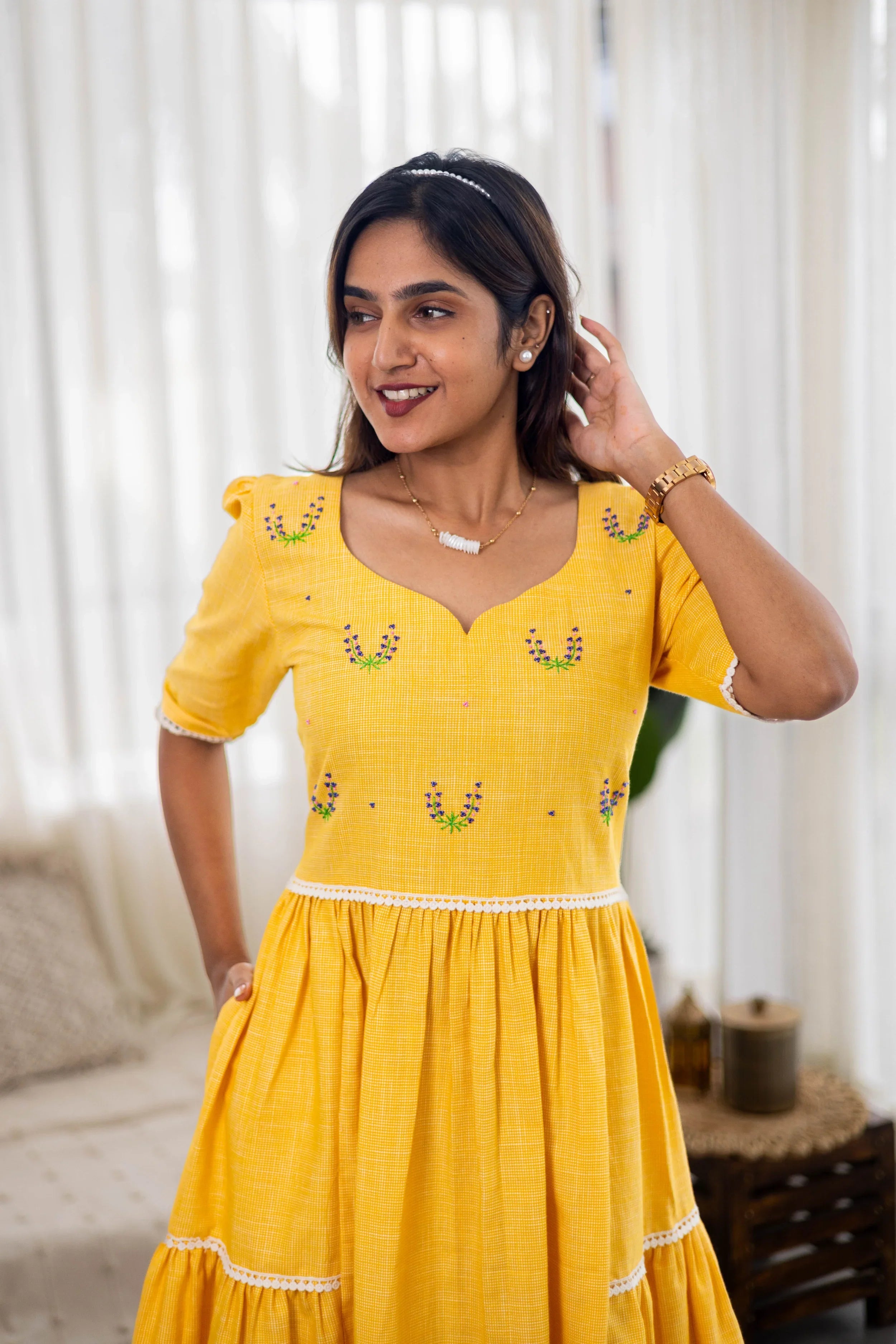 Yellow Cotton Dress (Lavendar Embroidery) - Hello June