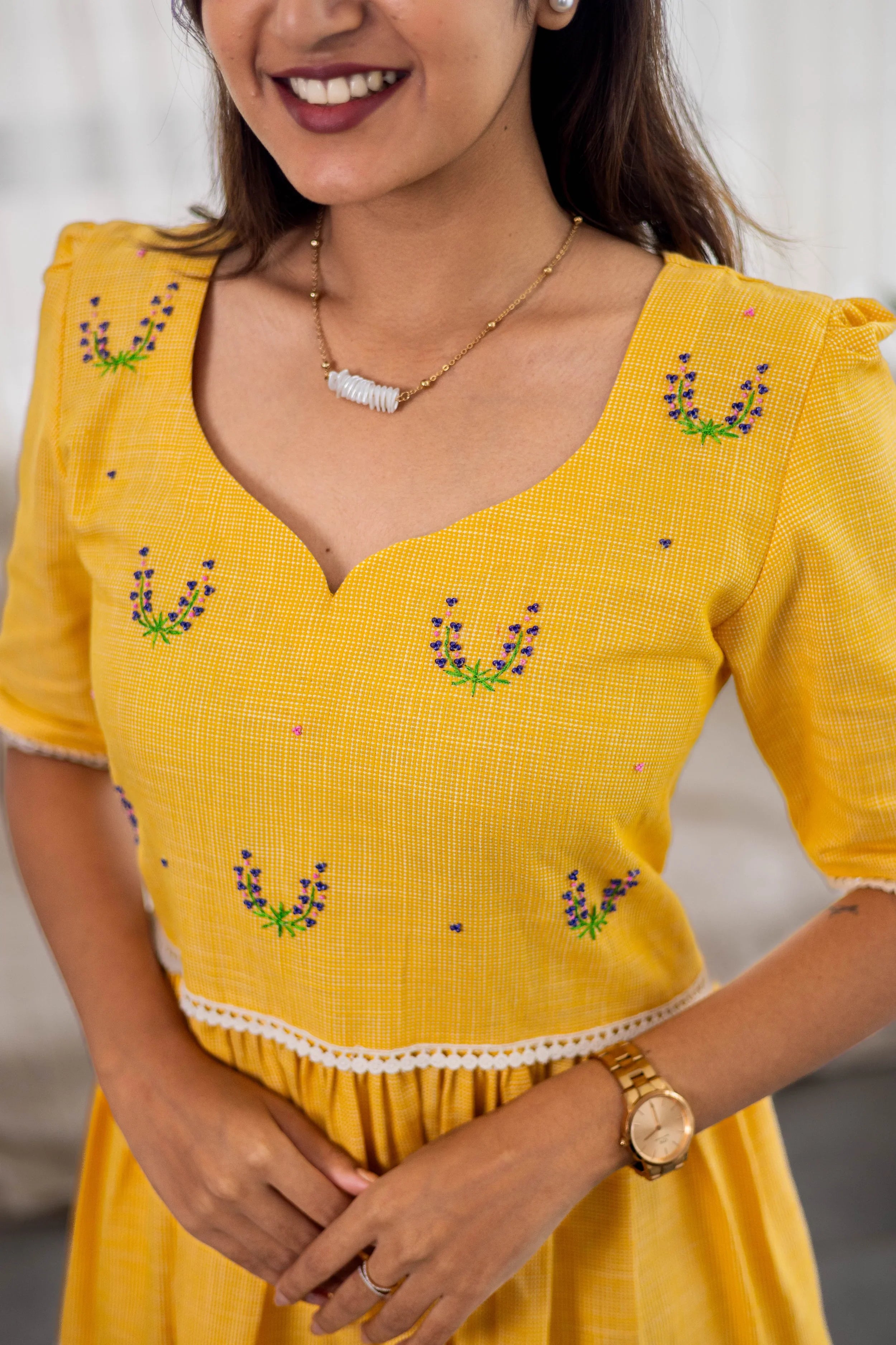 Yellow Cotton Dress (Lavendar Embroidery) - Hello June