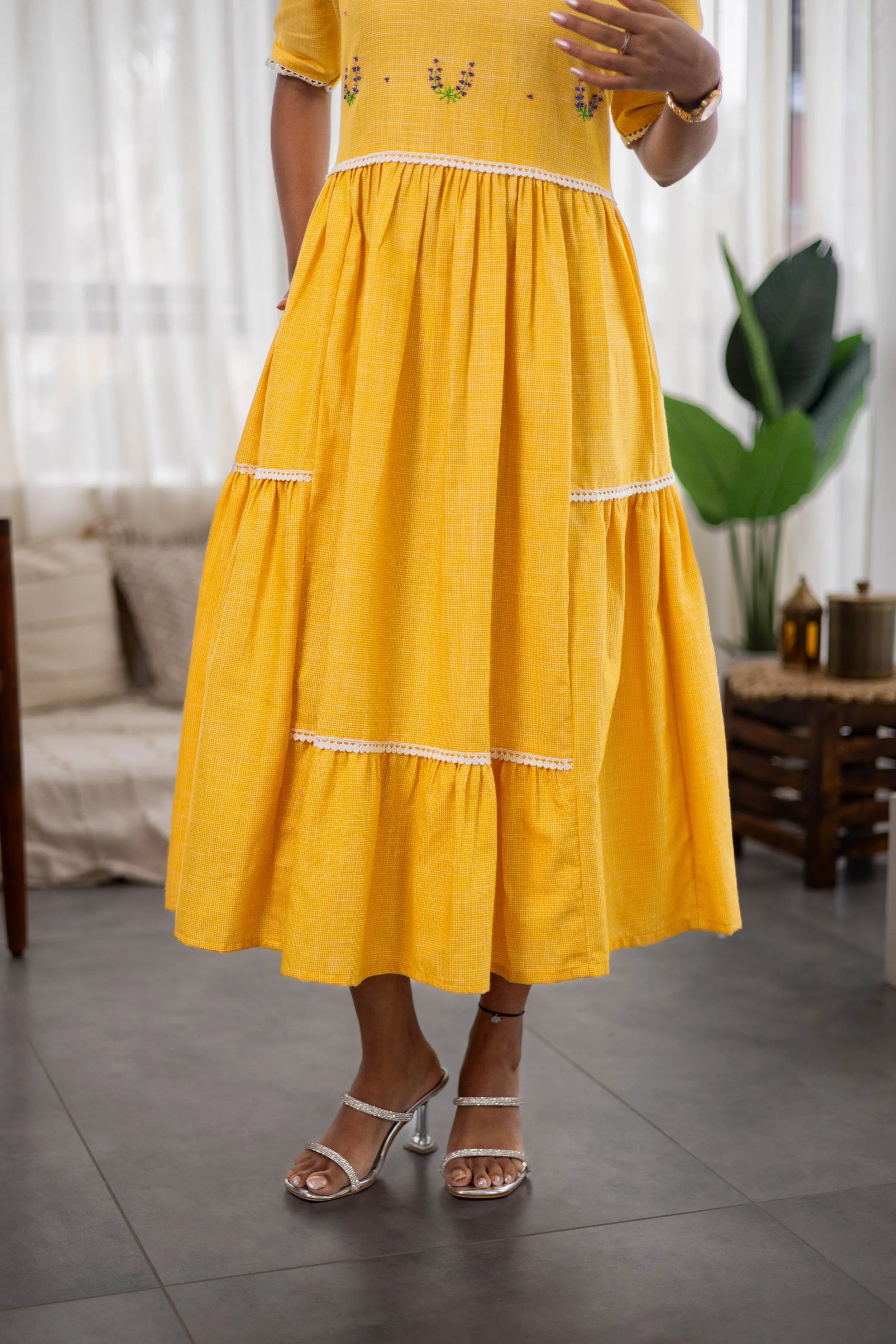 Yellow Cotton Dress (Lavendar Embroidery) - Hello June