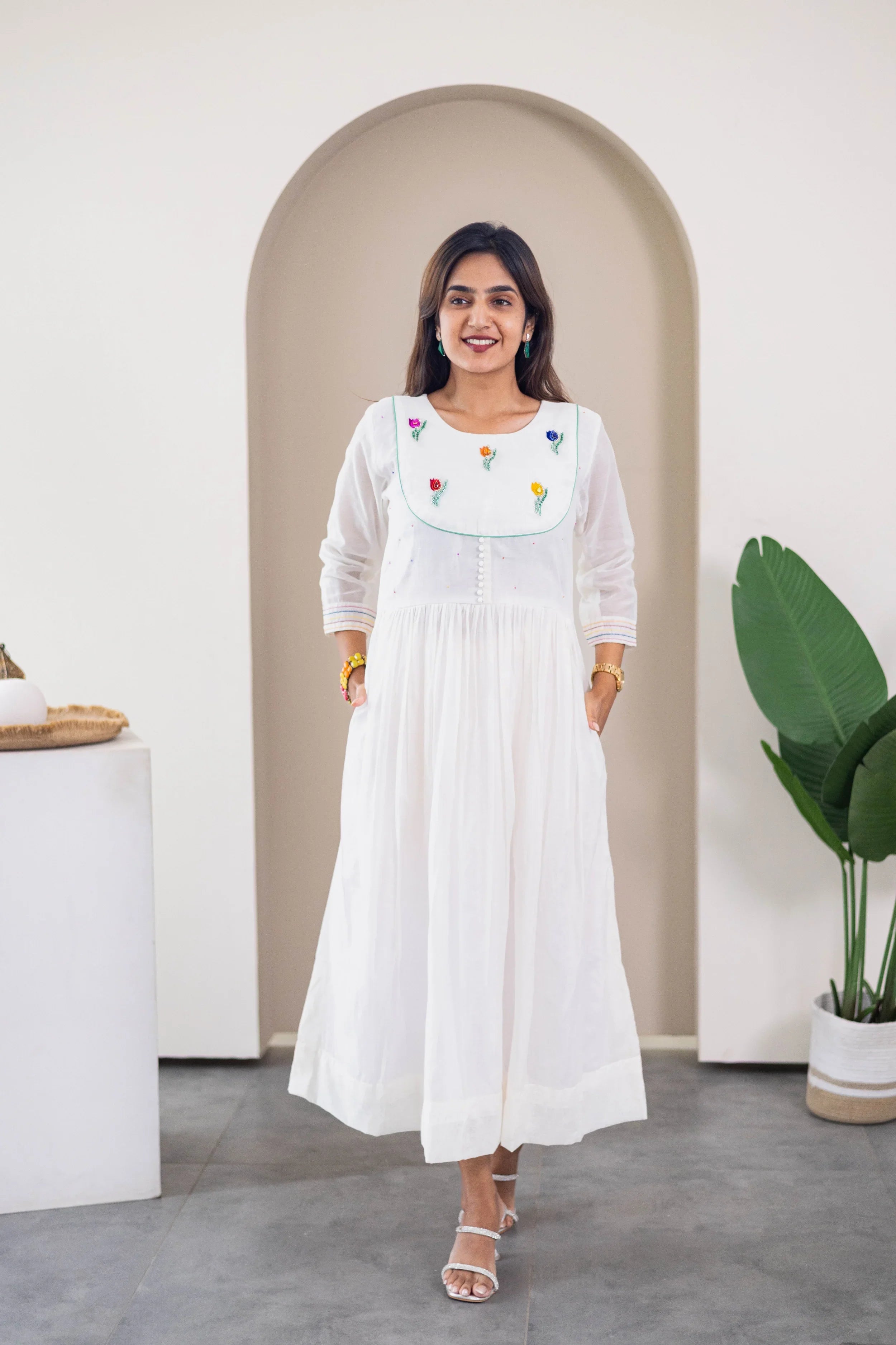 White Mul Chanderi Dress (Tulip Embroidery) - Hello June