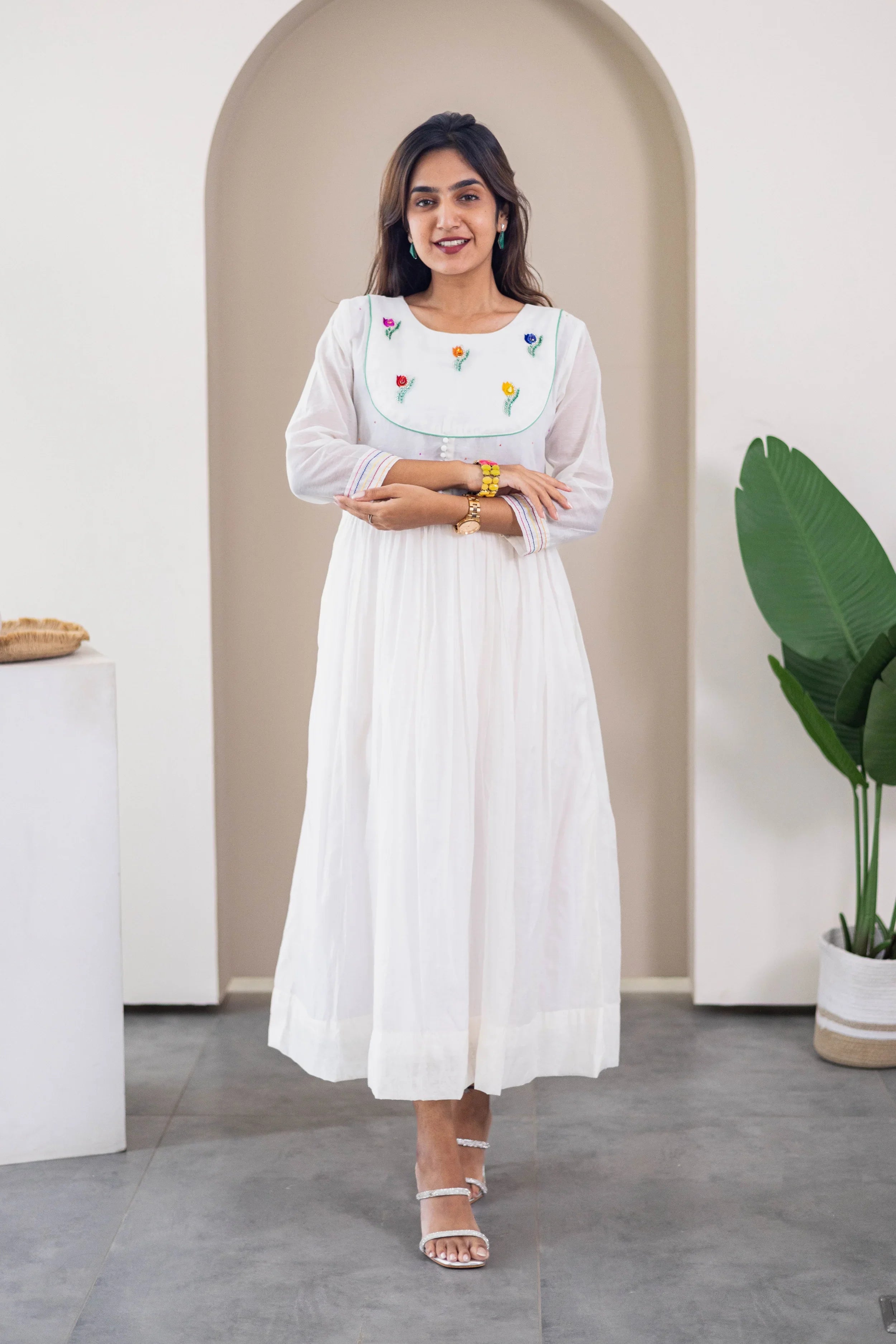 White Mul Chanderi Dress (Tulip Embroidery) - Hello June