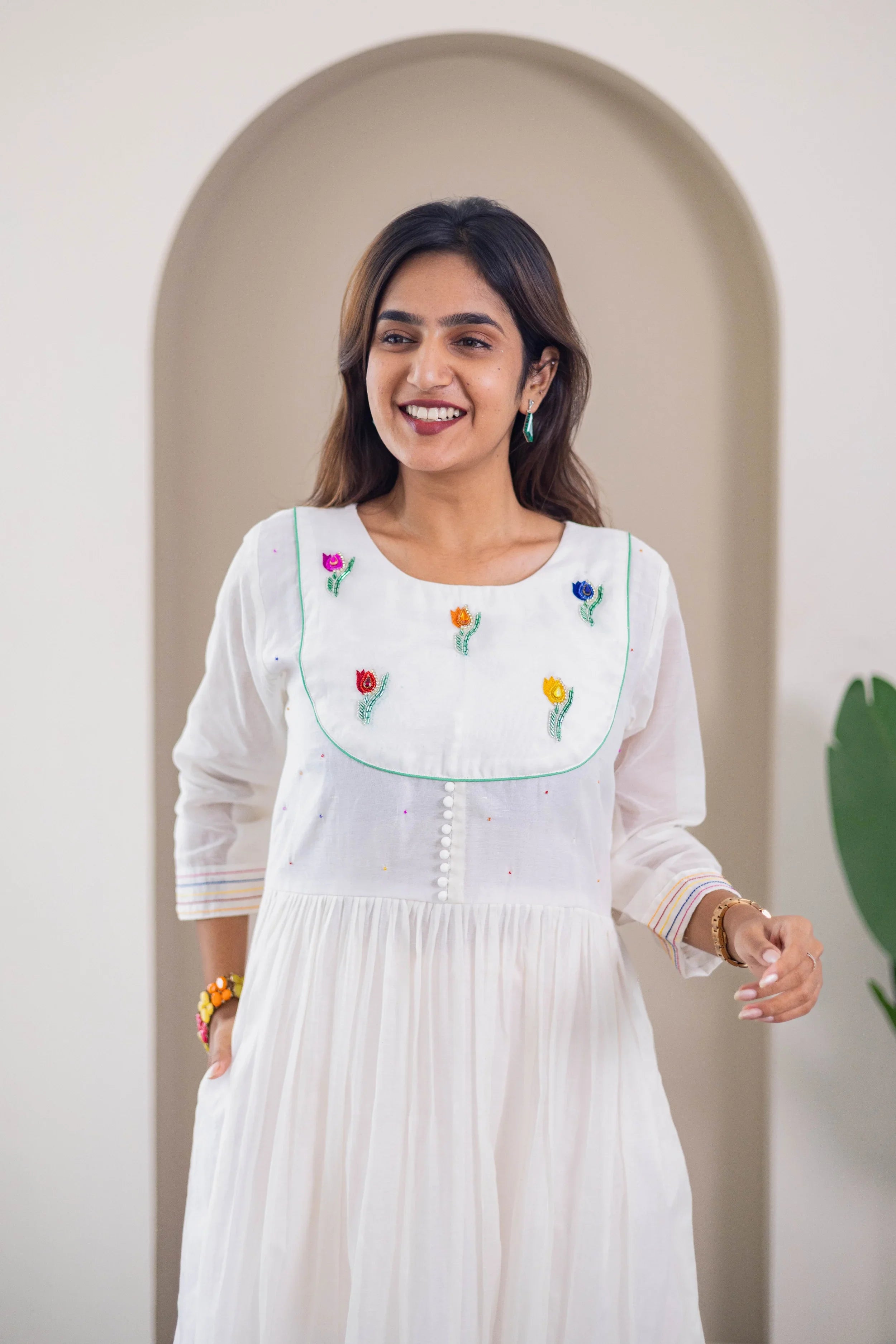 White Mul Chanderi Dress (Tulip Embroidery) - Hello June