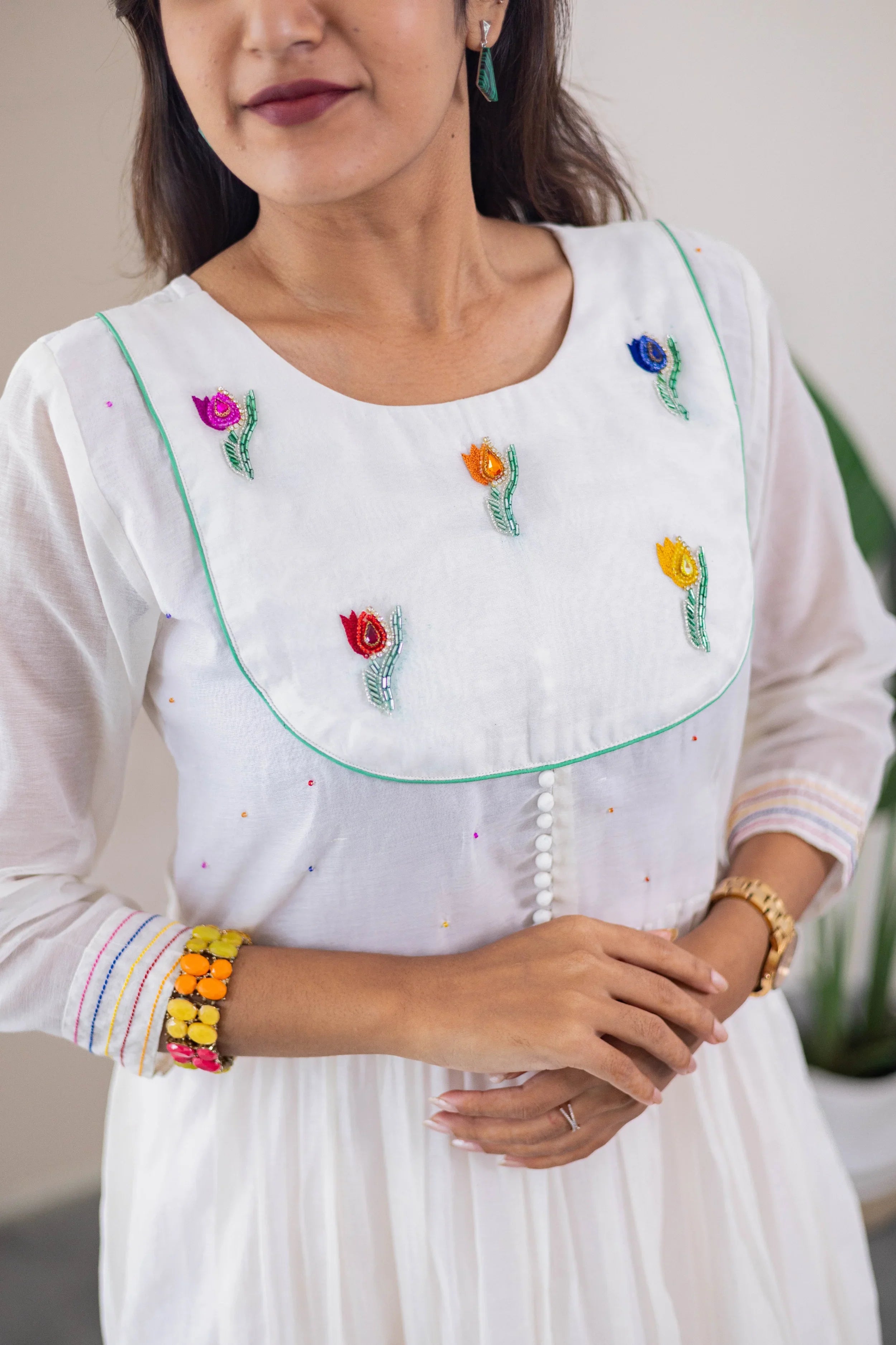 White Mul Chanderi Dress (Tulip Embroidery) - Hello June