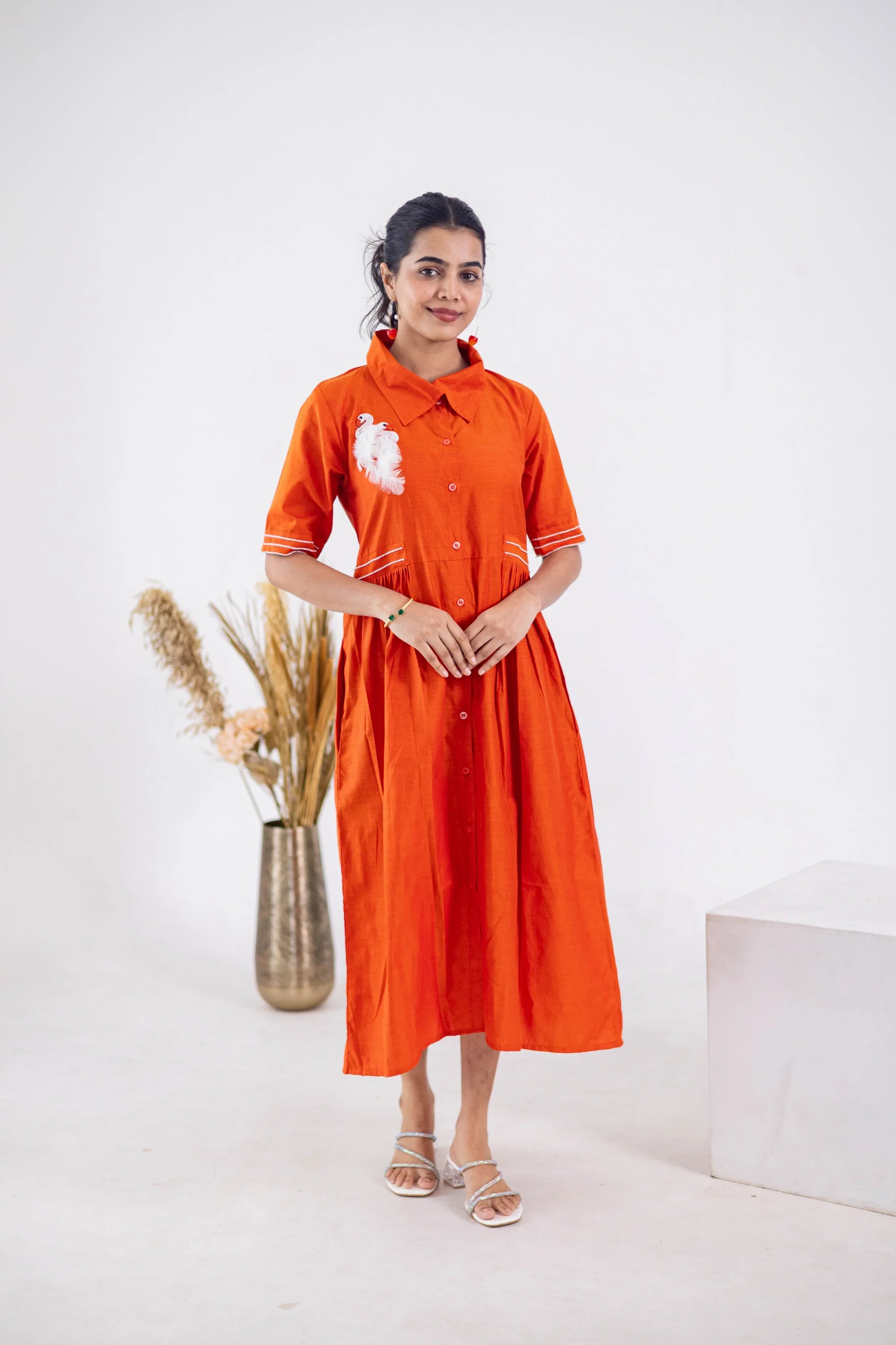 Rust Orange Cotton Dress (Flamingo Emroidery) - Hello June