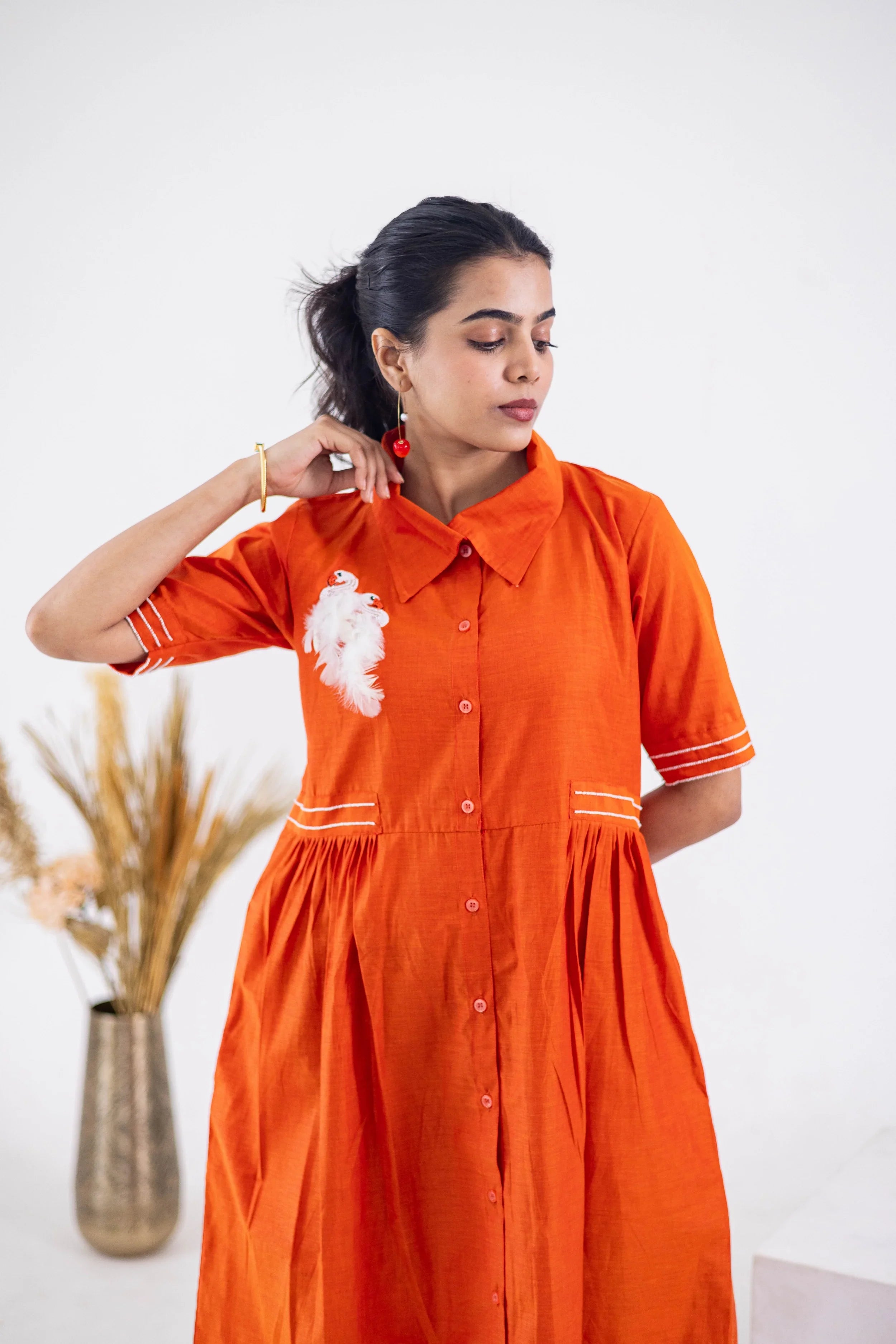Rust Orange Cotton Dress (Flamingo Emroidery) - Hello June