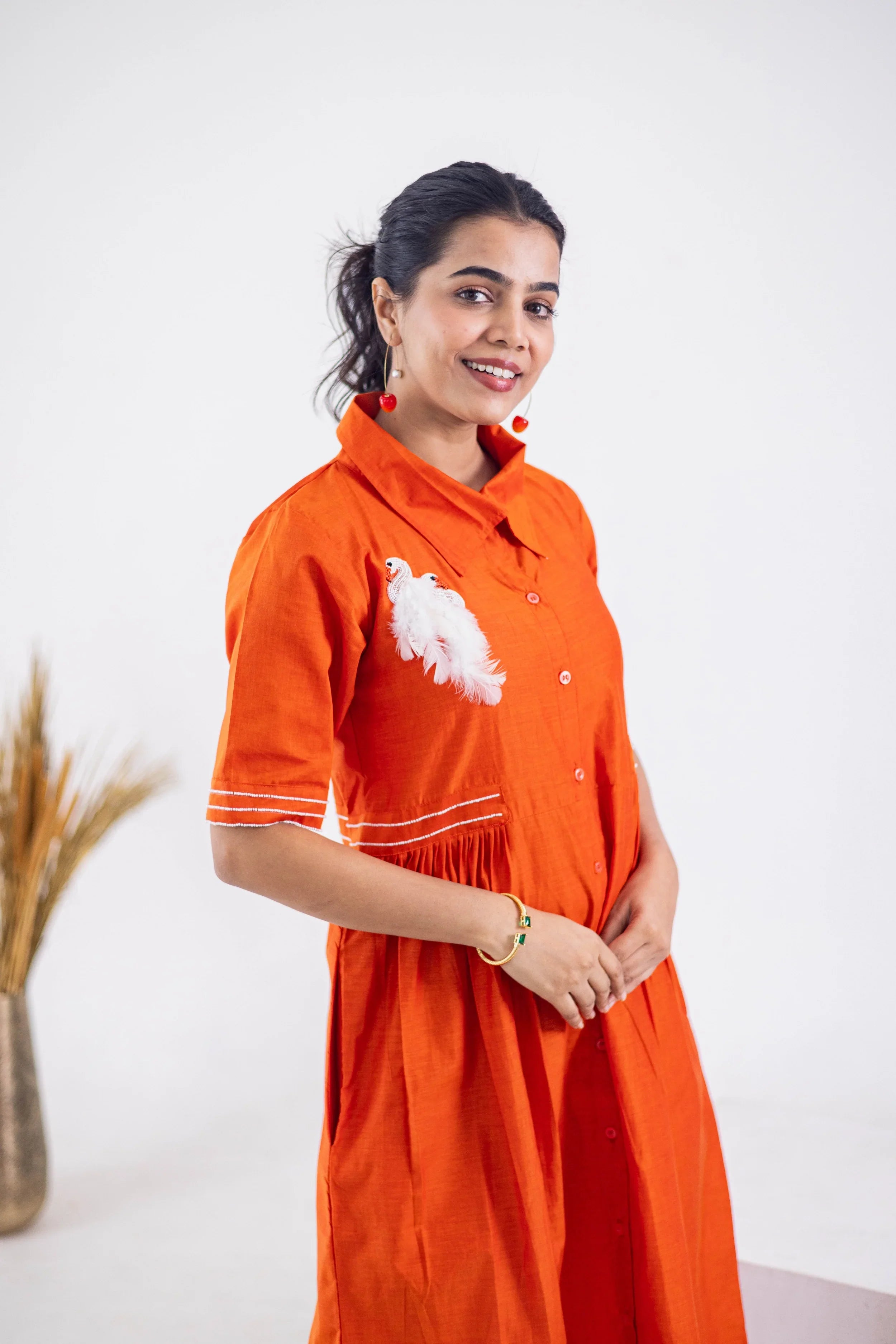 Rust Orange Cotton Dress (Flamingo Emroidery) - Hello June