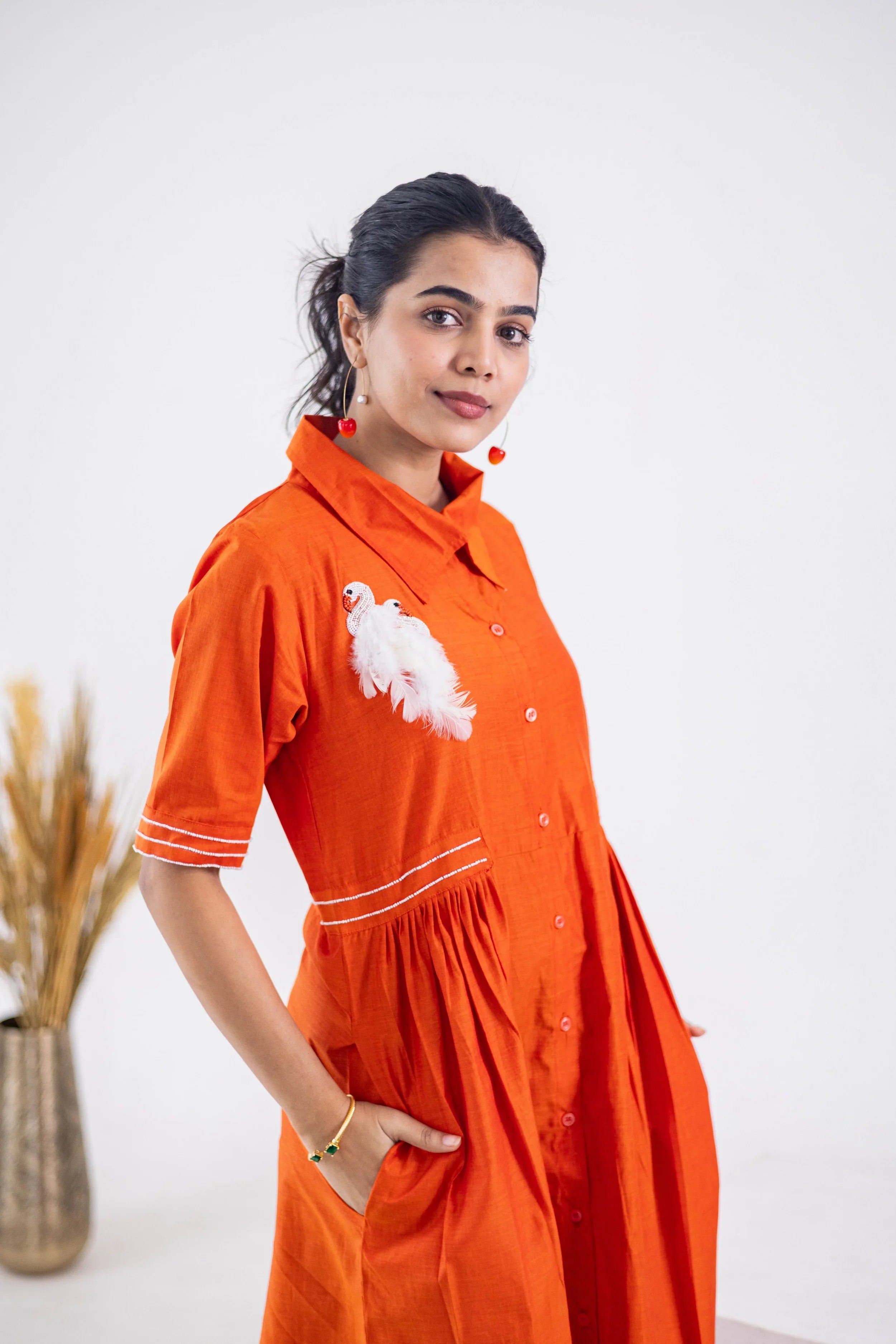 Rust Orange Cotton Dress (Flamingo Emroidery) - Hello June