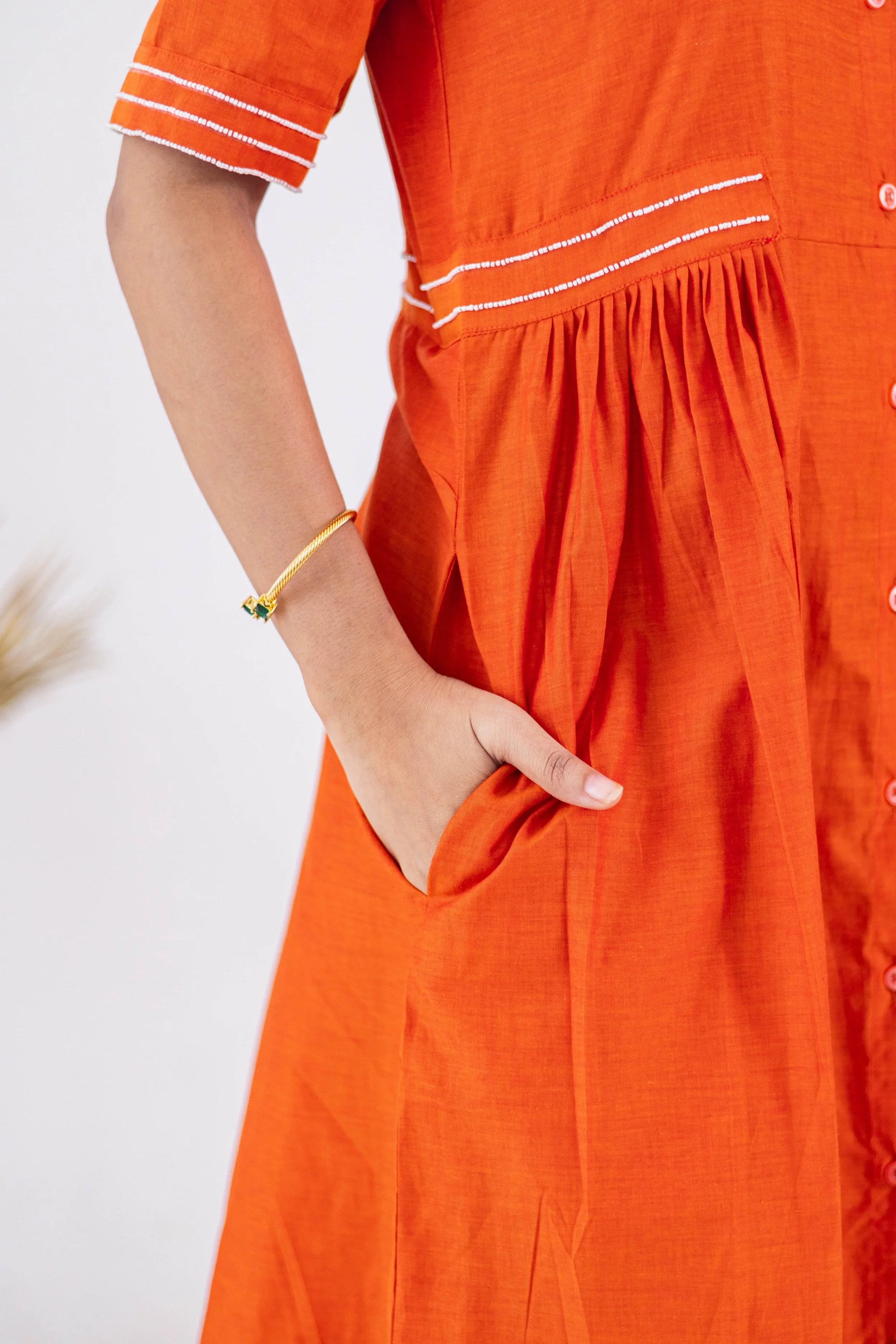 Rust Orange Cotton Dress (Flamingo Emroidery) - Hello June