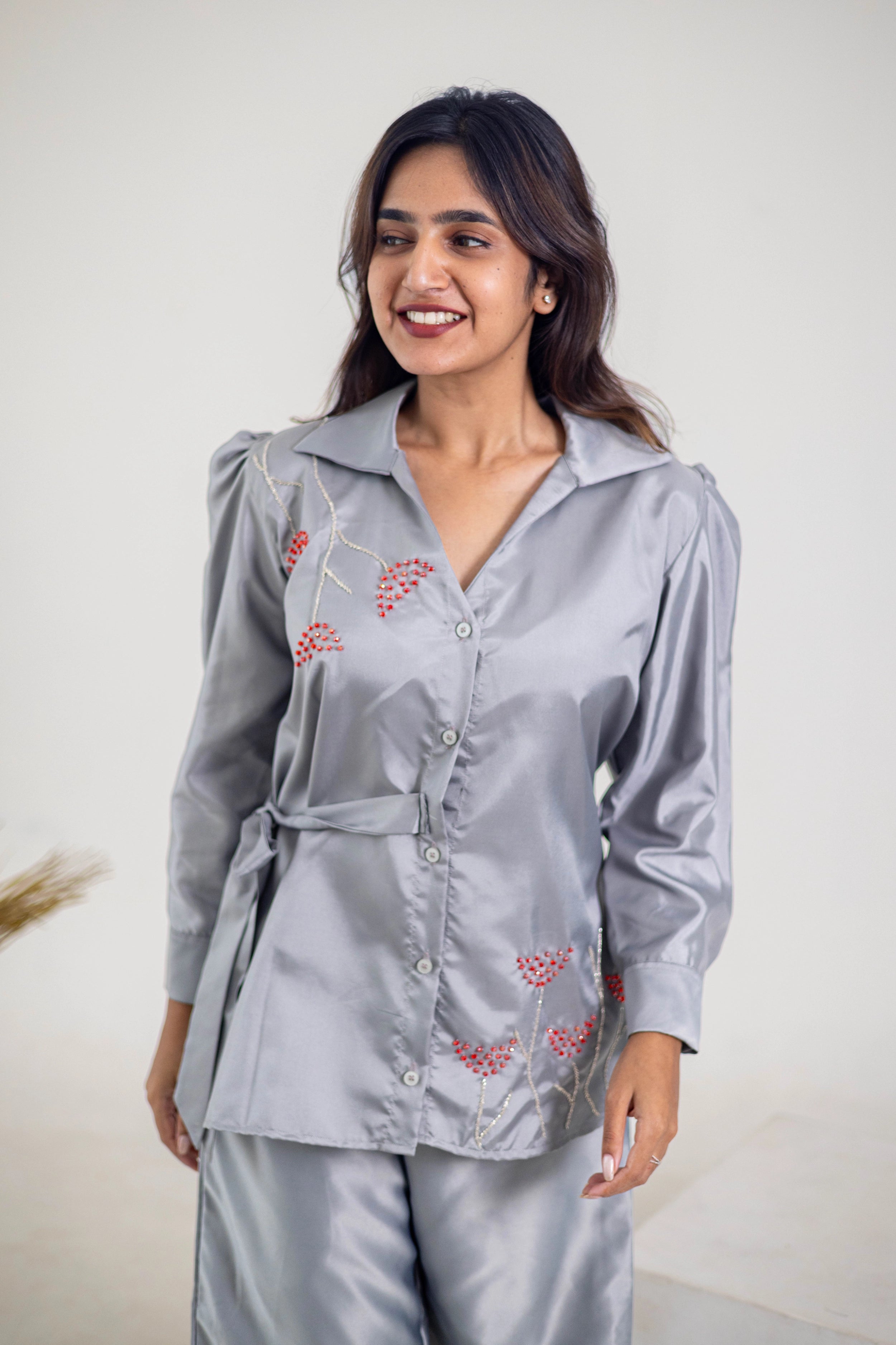 Grey Cotton Satin Co-Ord (Crystal Embroidery) - Label Xari