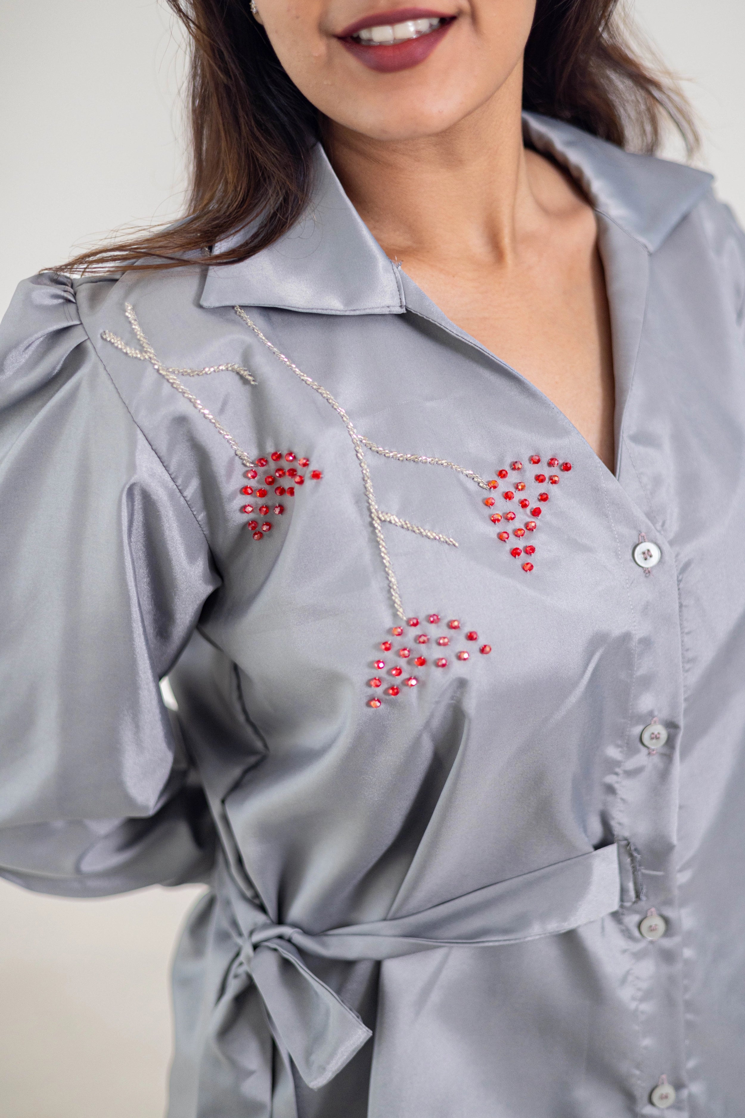 Grey Cotton Satin Co-Ord (Crystal Embroidery) - Label Xari