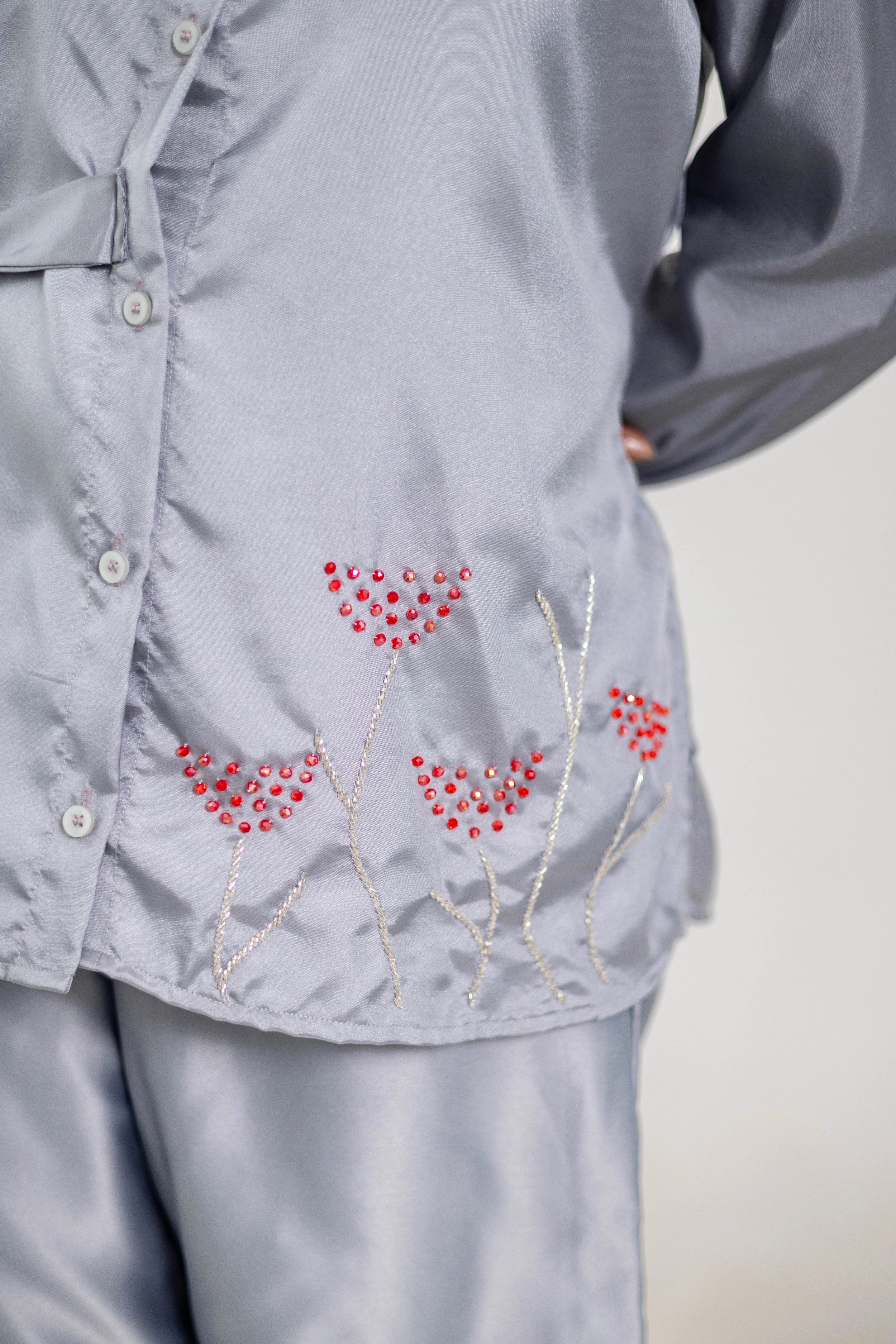 Grey Cotton Satin Co-Ord (Crystal Embroidery) - Label Xari