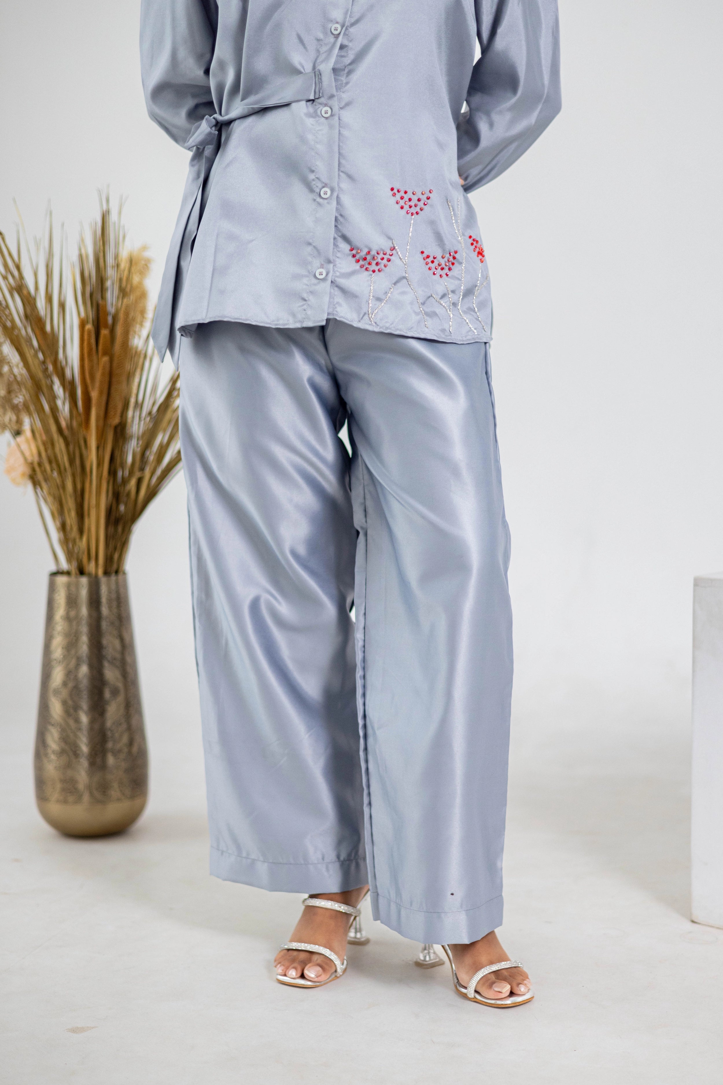 Grey Cotton Satin Co-Ord (Crystal Embroidery) - Label Xari