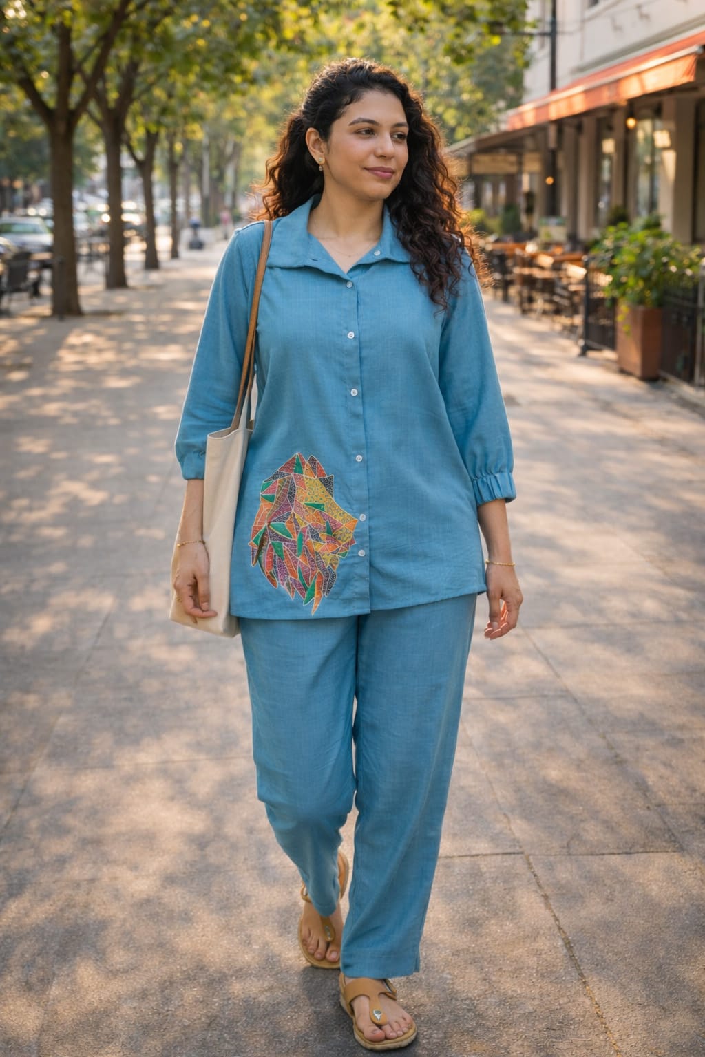 Blue Cotton Co-Ord with Lion Embroidery