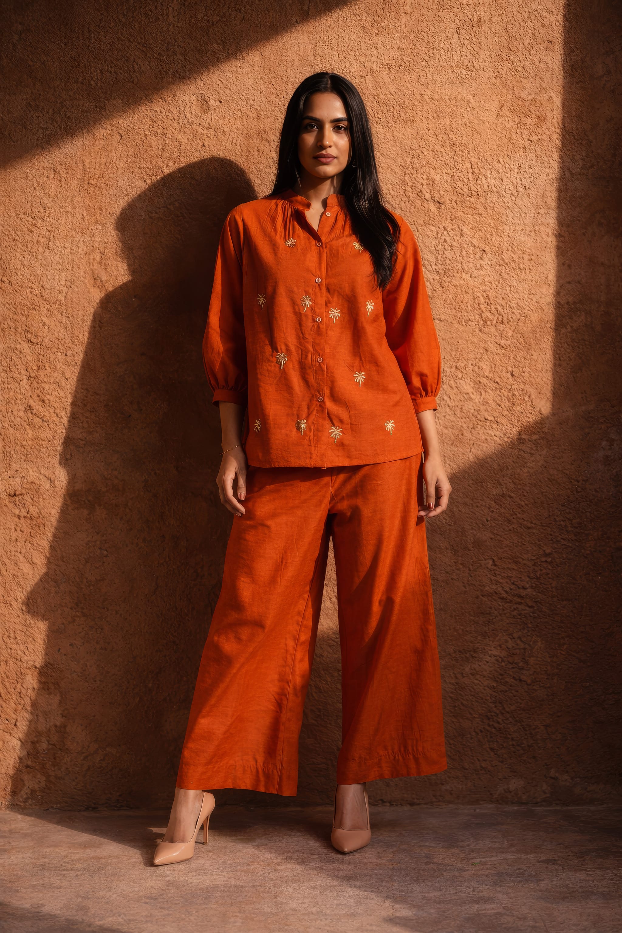 Burnt Orange Cotton Co-Ord with Palm Embroidery