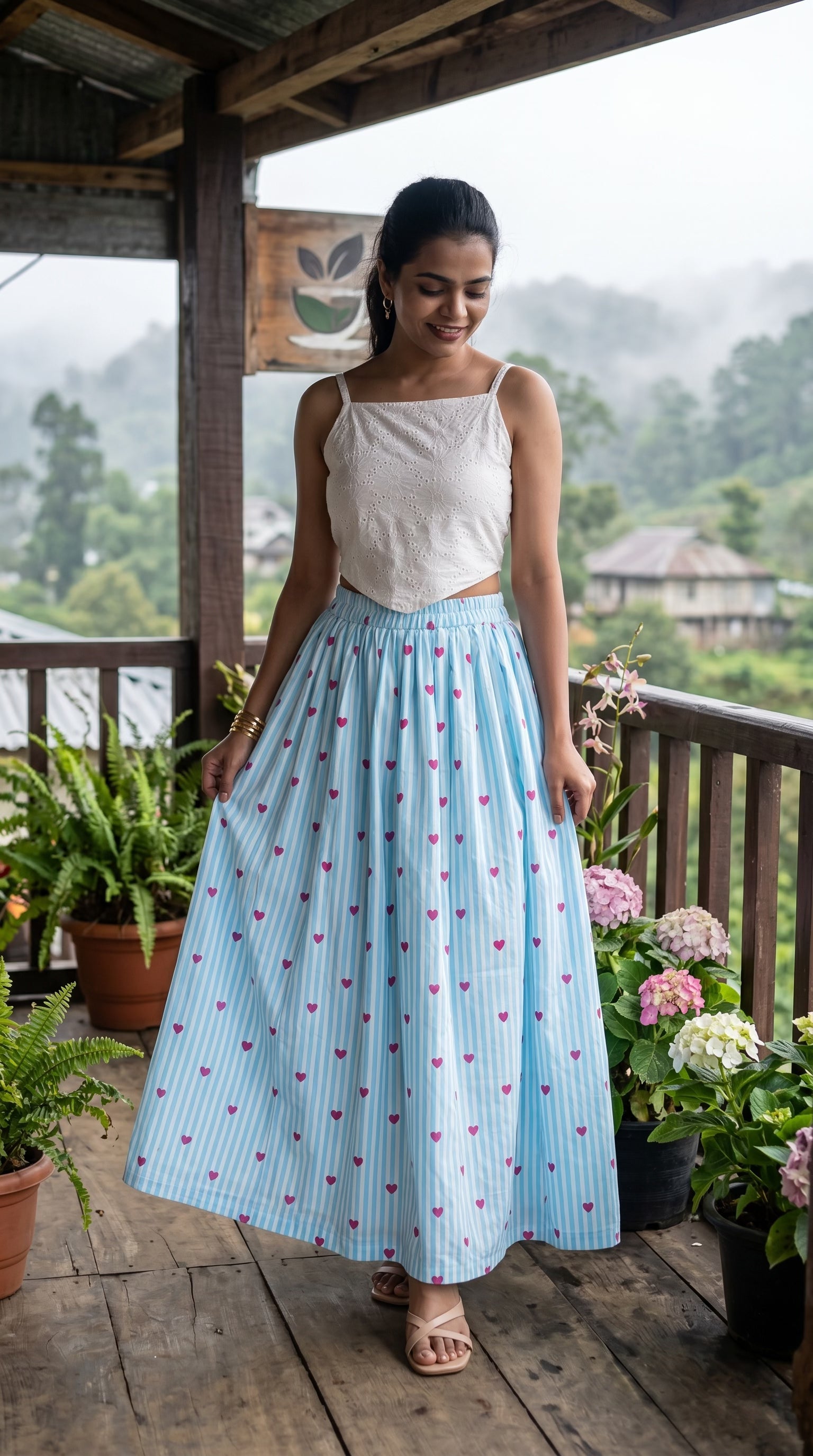 Blue Striped Heart Print Cotton Midi Skirt