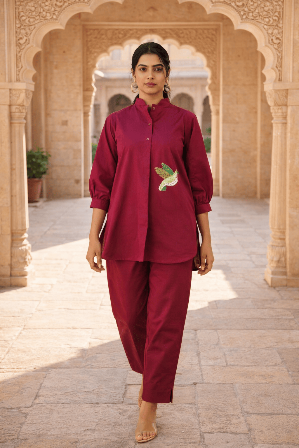 Wine Cotton Co-Ord with Bird Embroidery