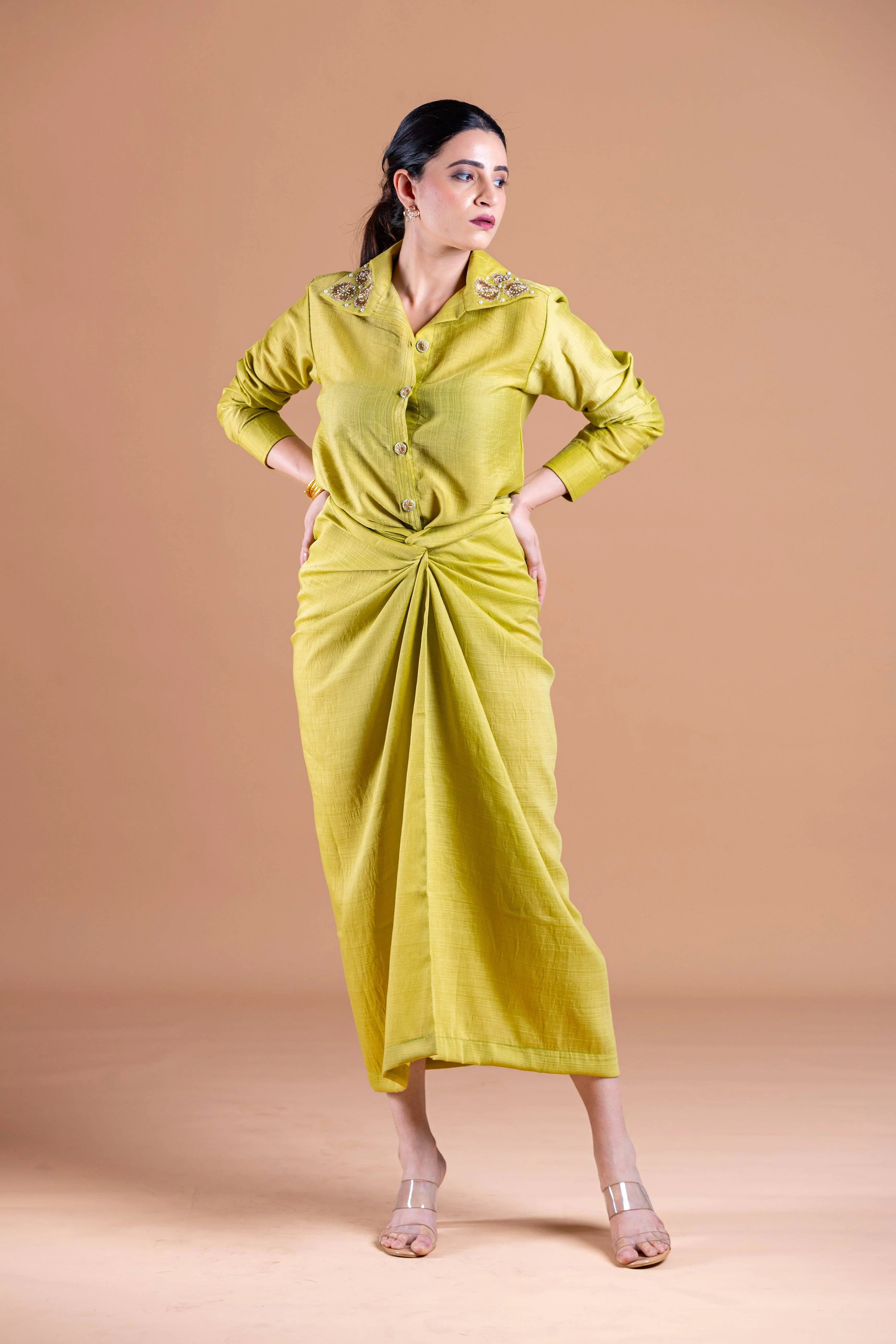 Ava Green Drape Skirt & Shirt Set - Label Xari