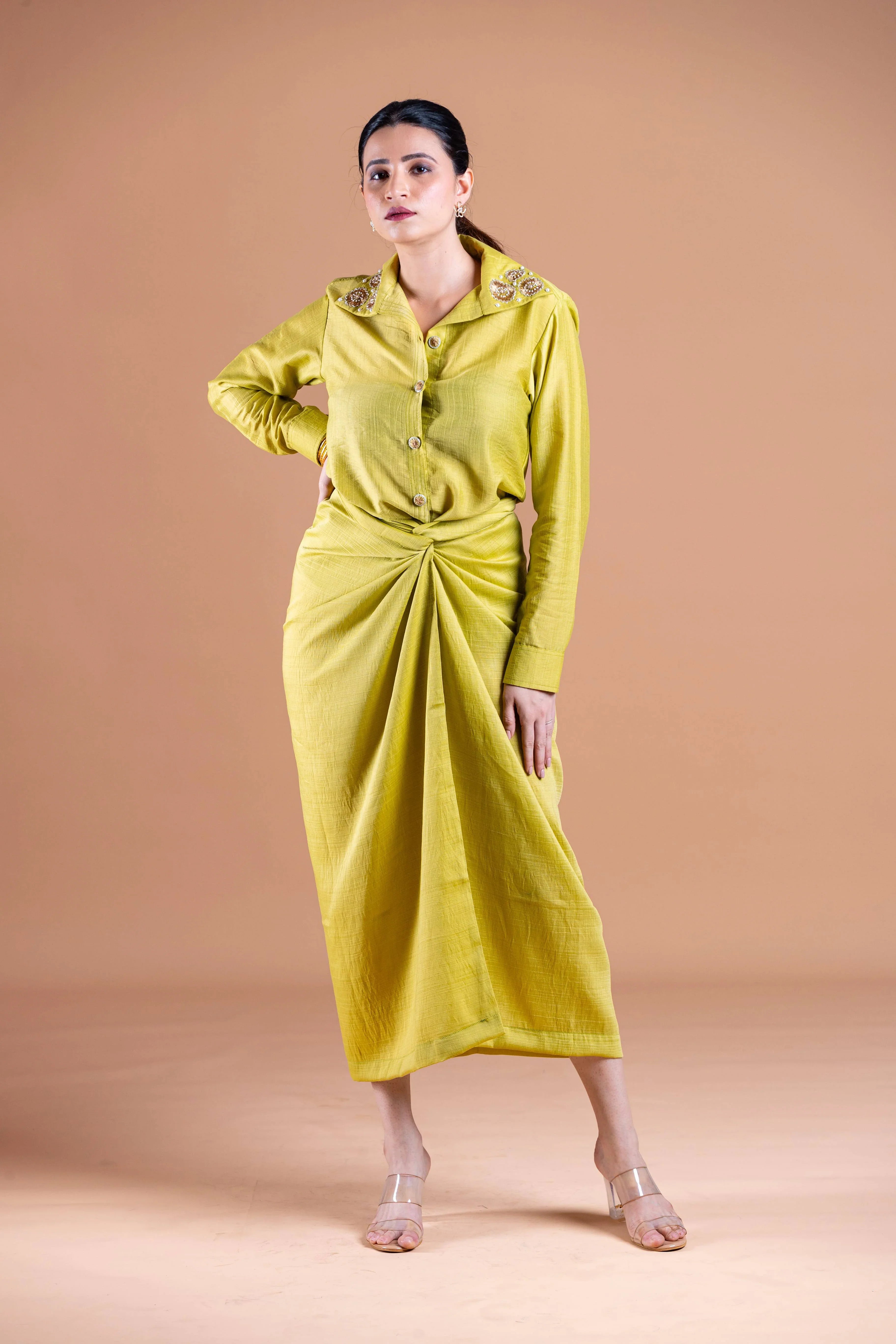 XS Ava Green Drape Skirt Shirt Set - Main Image