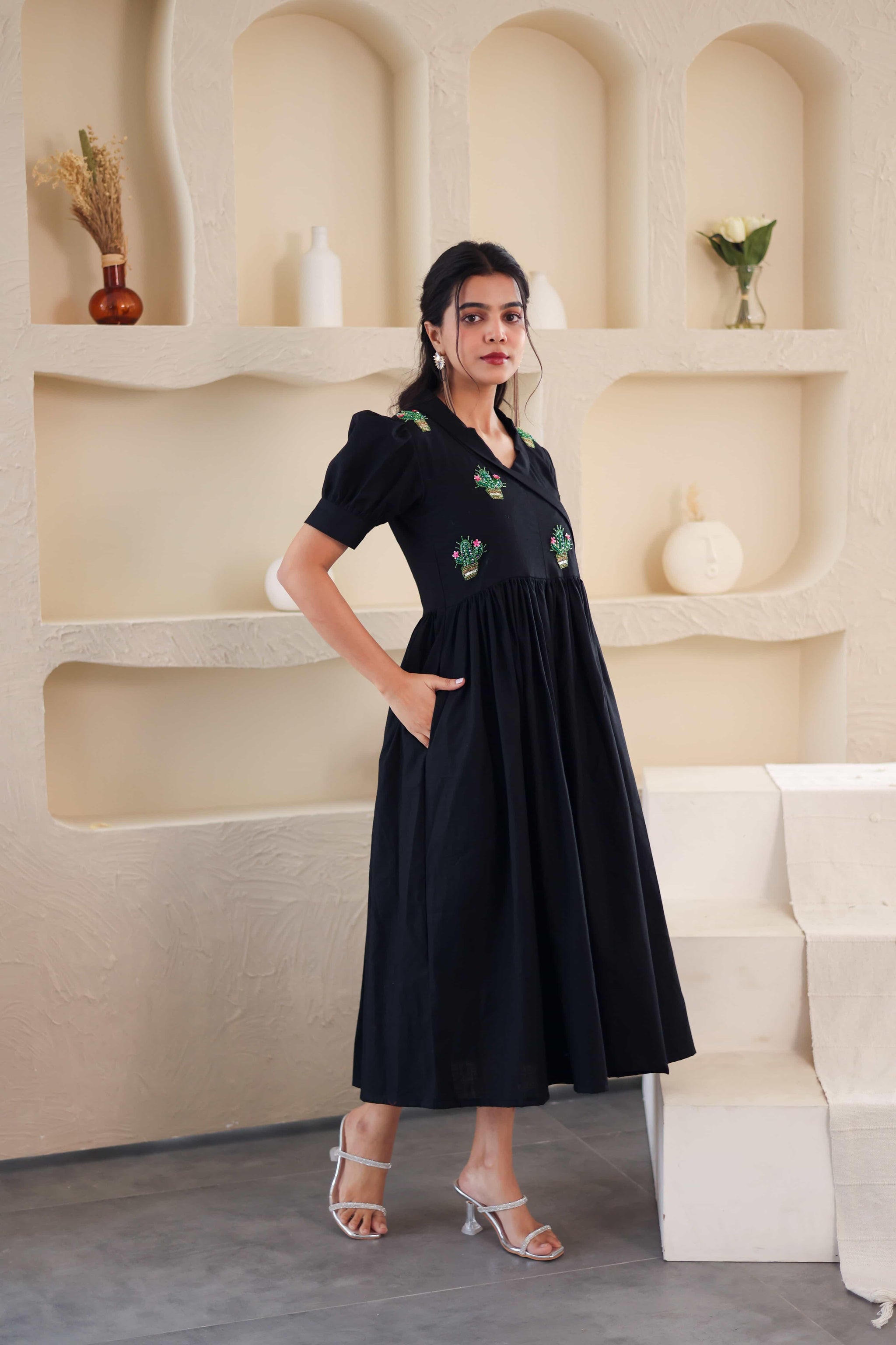 Black Cotton Dress with Cacti Embroidery