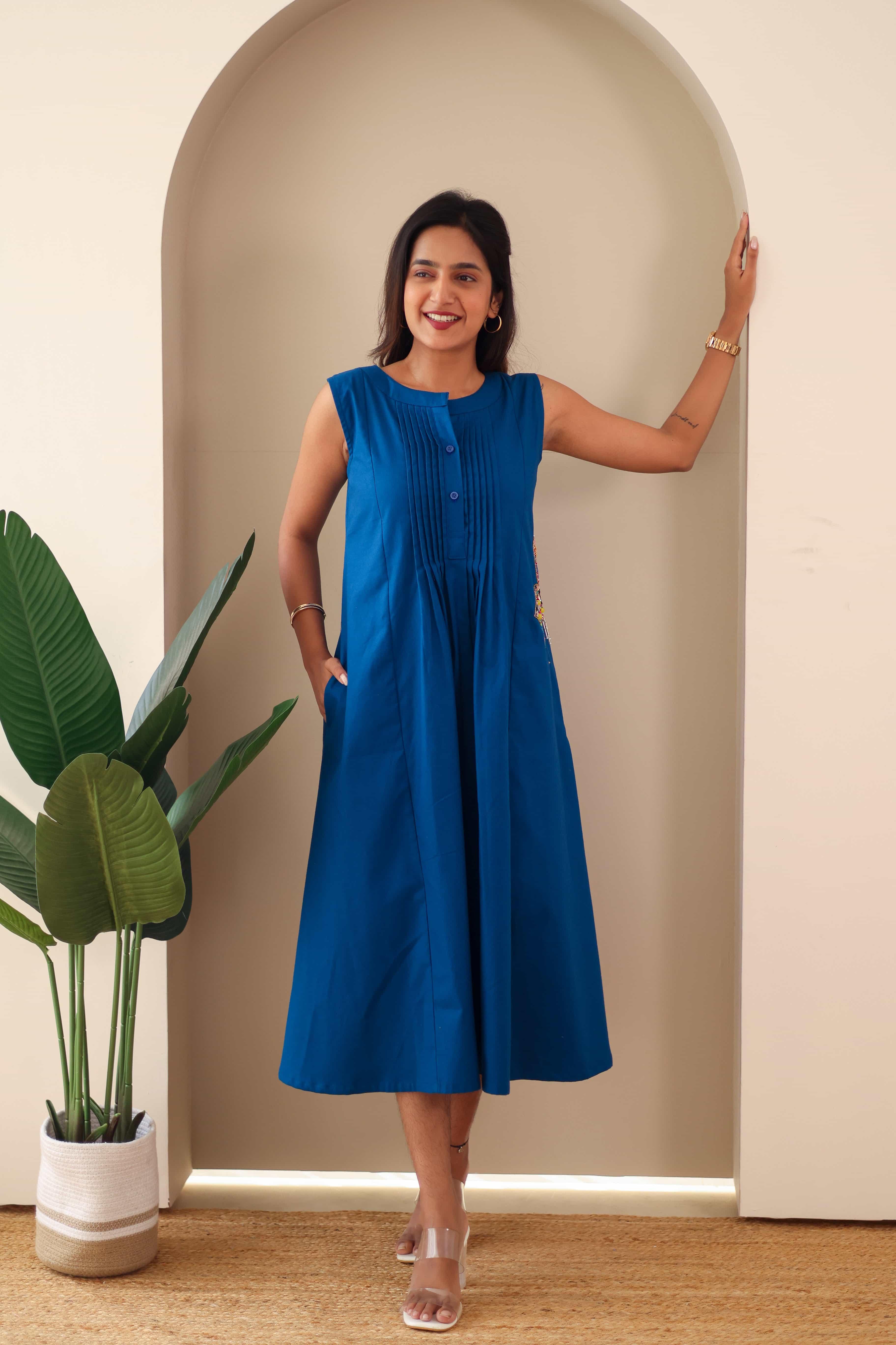 Navy Blue Embroidered Cotton Dress - Hello June