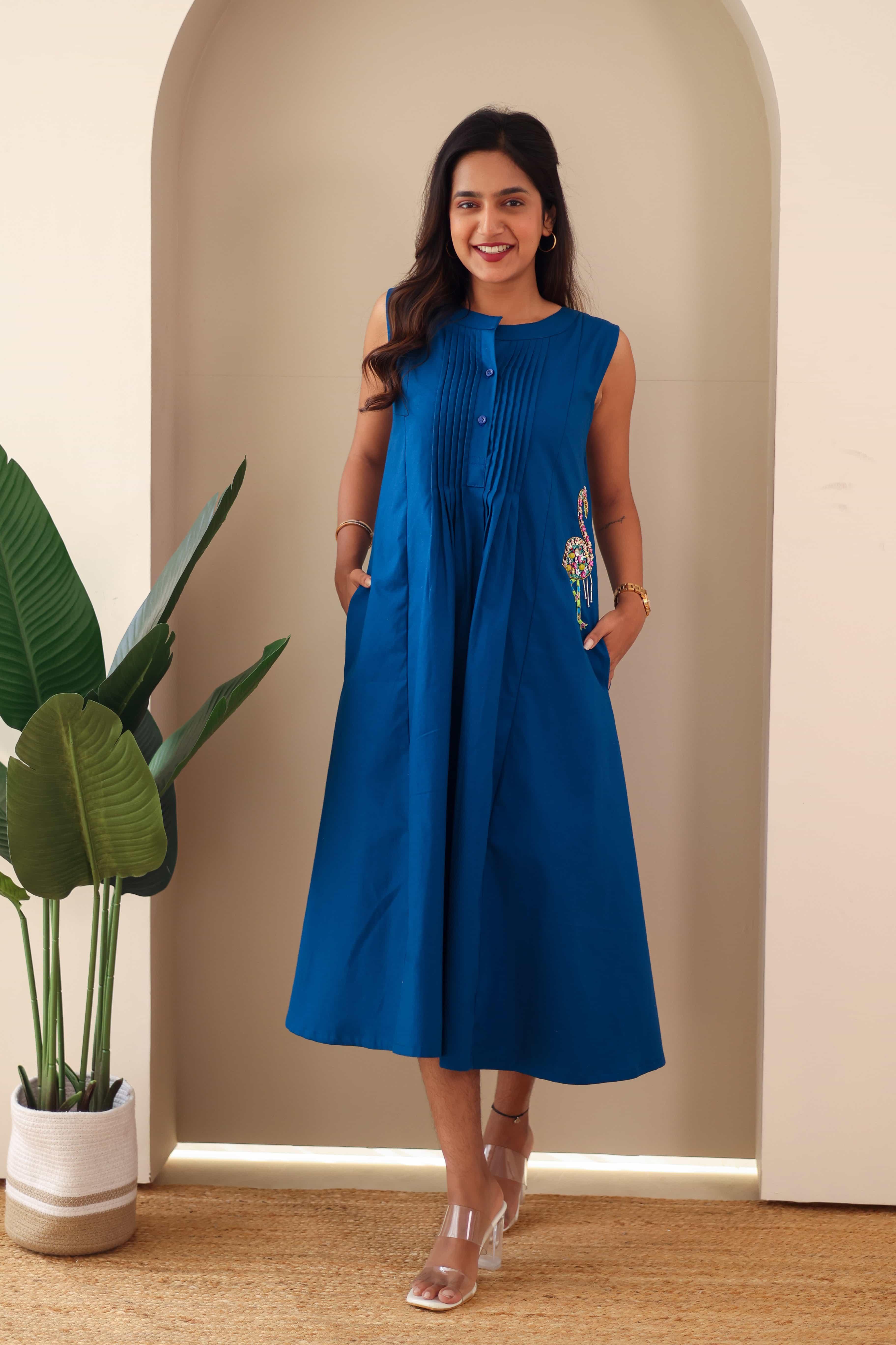 Navy Blue Embroidered Cotton Dress - Hello June