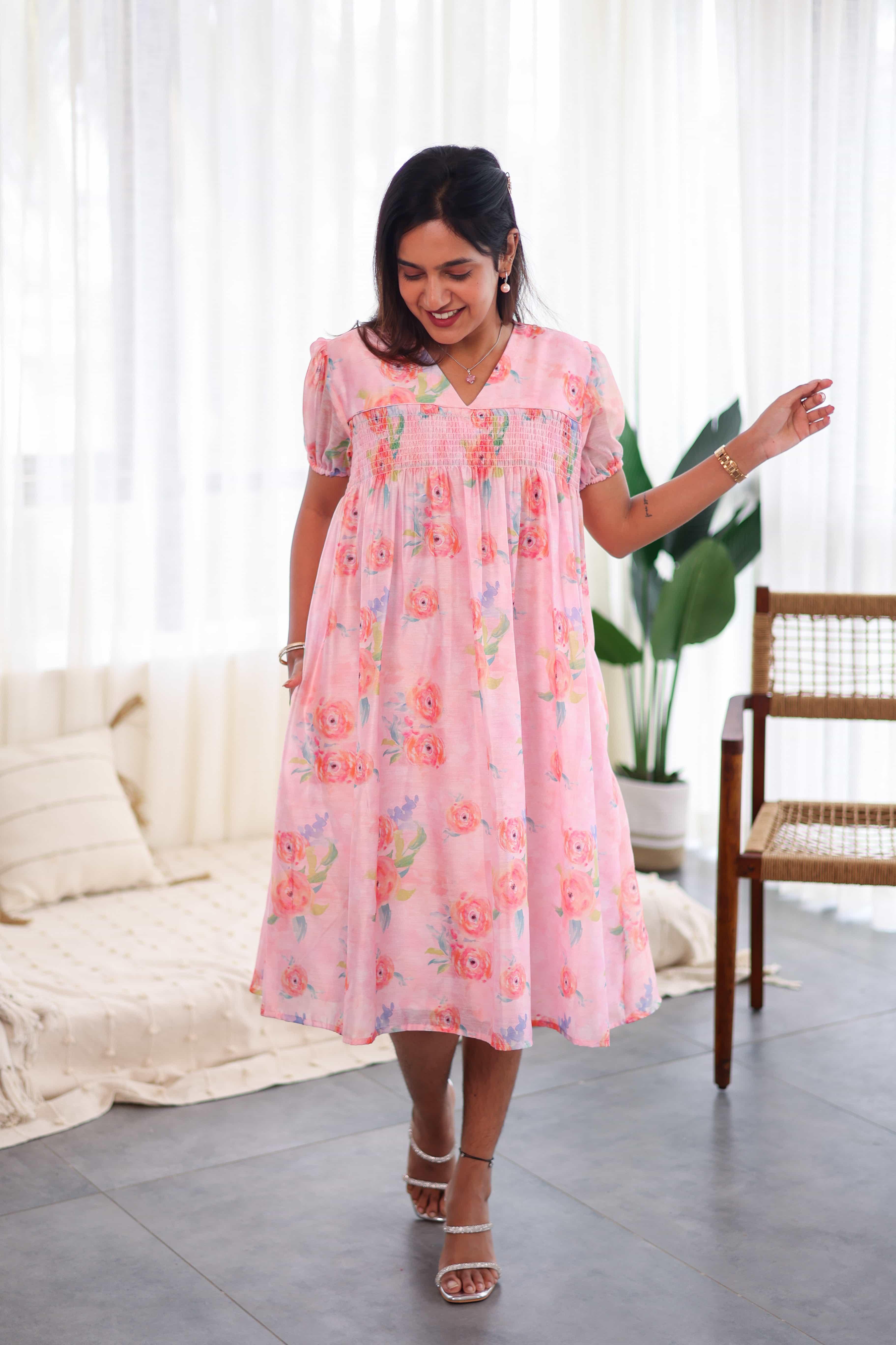 Pink Smocked Chanderi Silk Dress - Label Xari