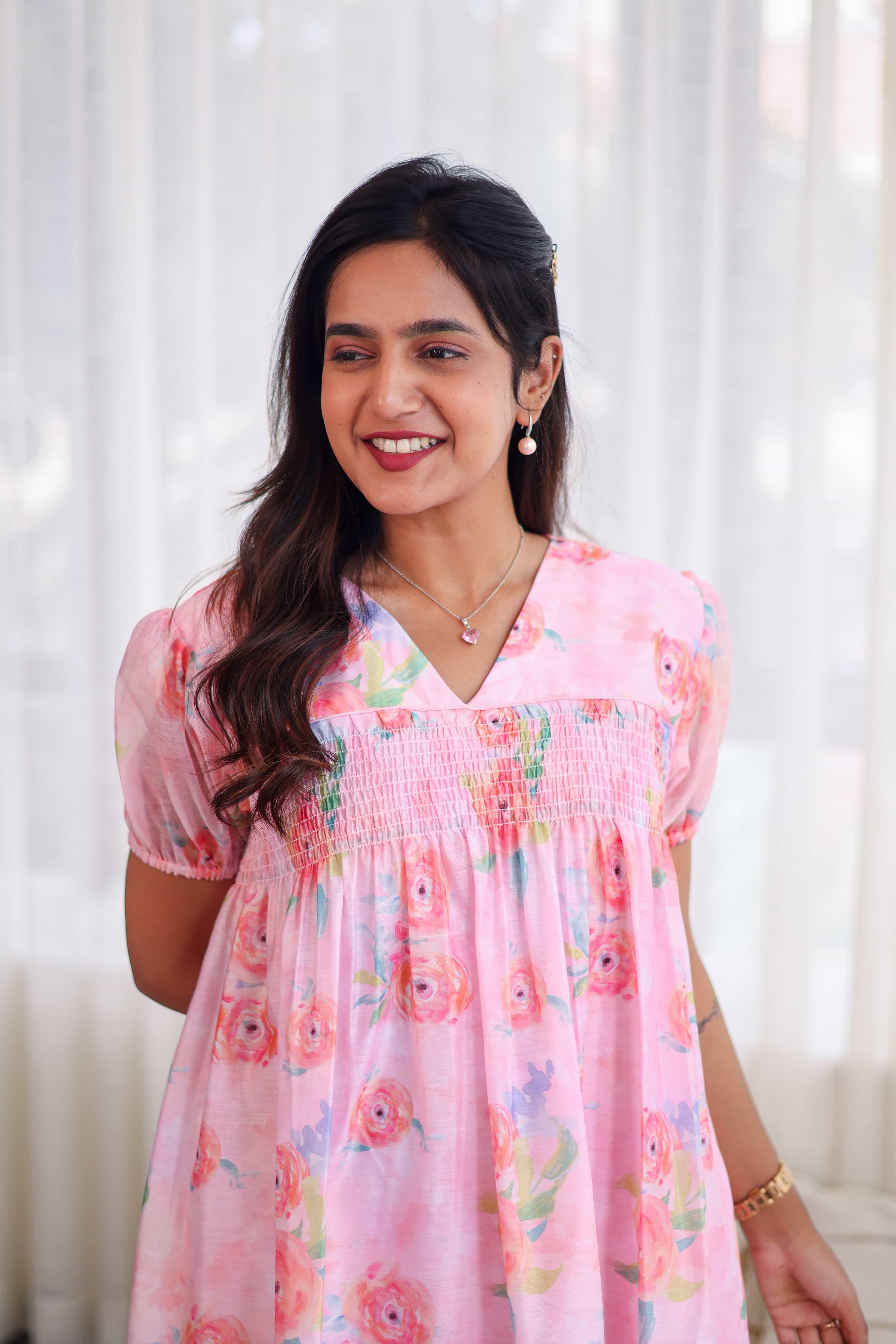 Pink Smocked Chanderi Silk Dress - Label Xari