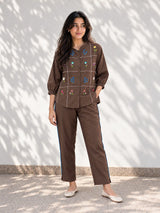 Chocolate Brown Floral Embroidered Co Ord