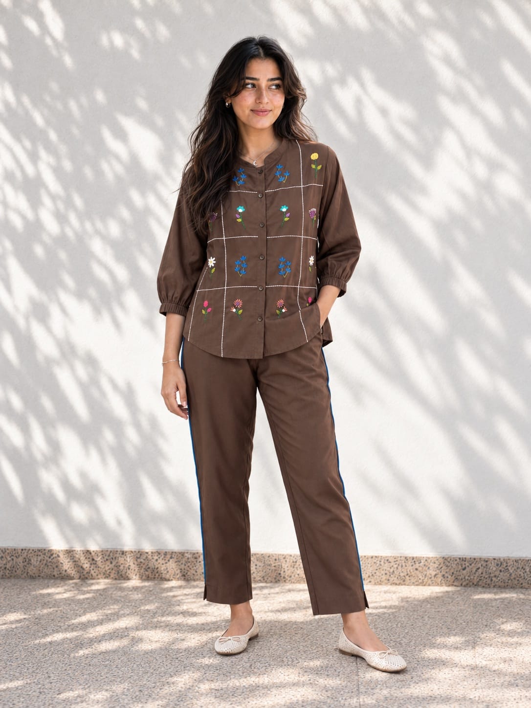Chocolate Brown Floral Embroidered Co Ord