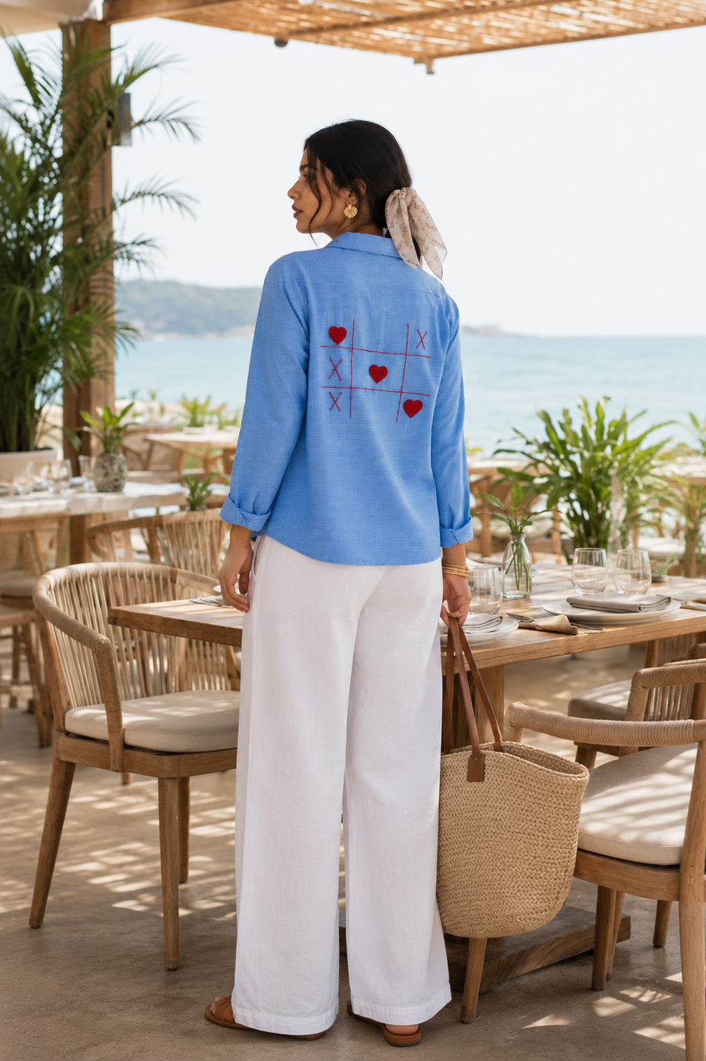 Blue Checked Cotton Shirt with Heart Embroidery