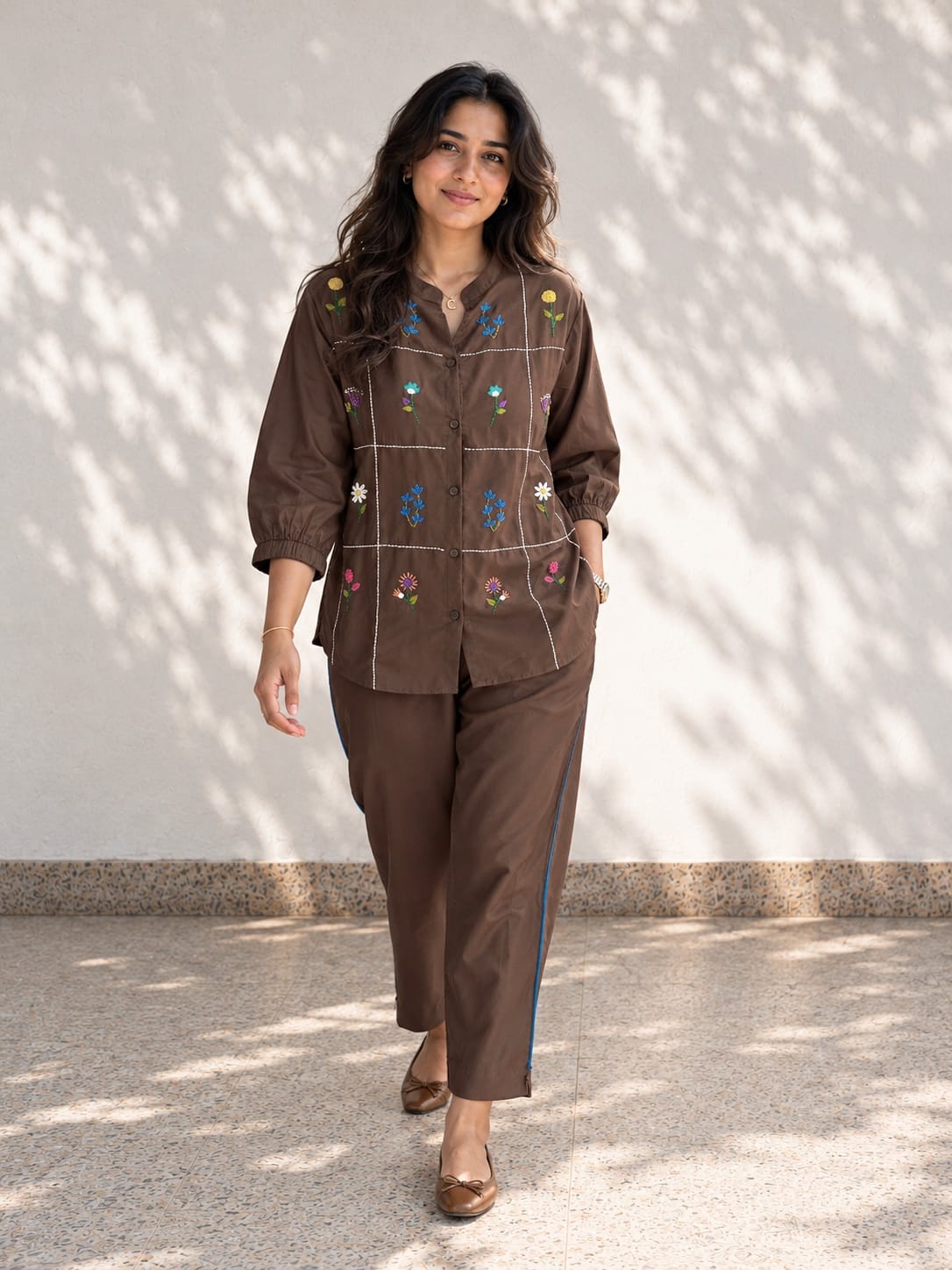 Chocolate Brown Floral Embroidered Co Ord