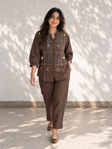 Chocolate Brown Floral Embroidered Co Ord