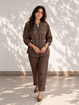 Chocolate Brown Floral Embroidered Co Ord