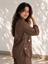 Chocolate Brown Floral Embroidered Co Ord