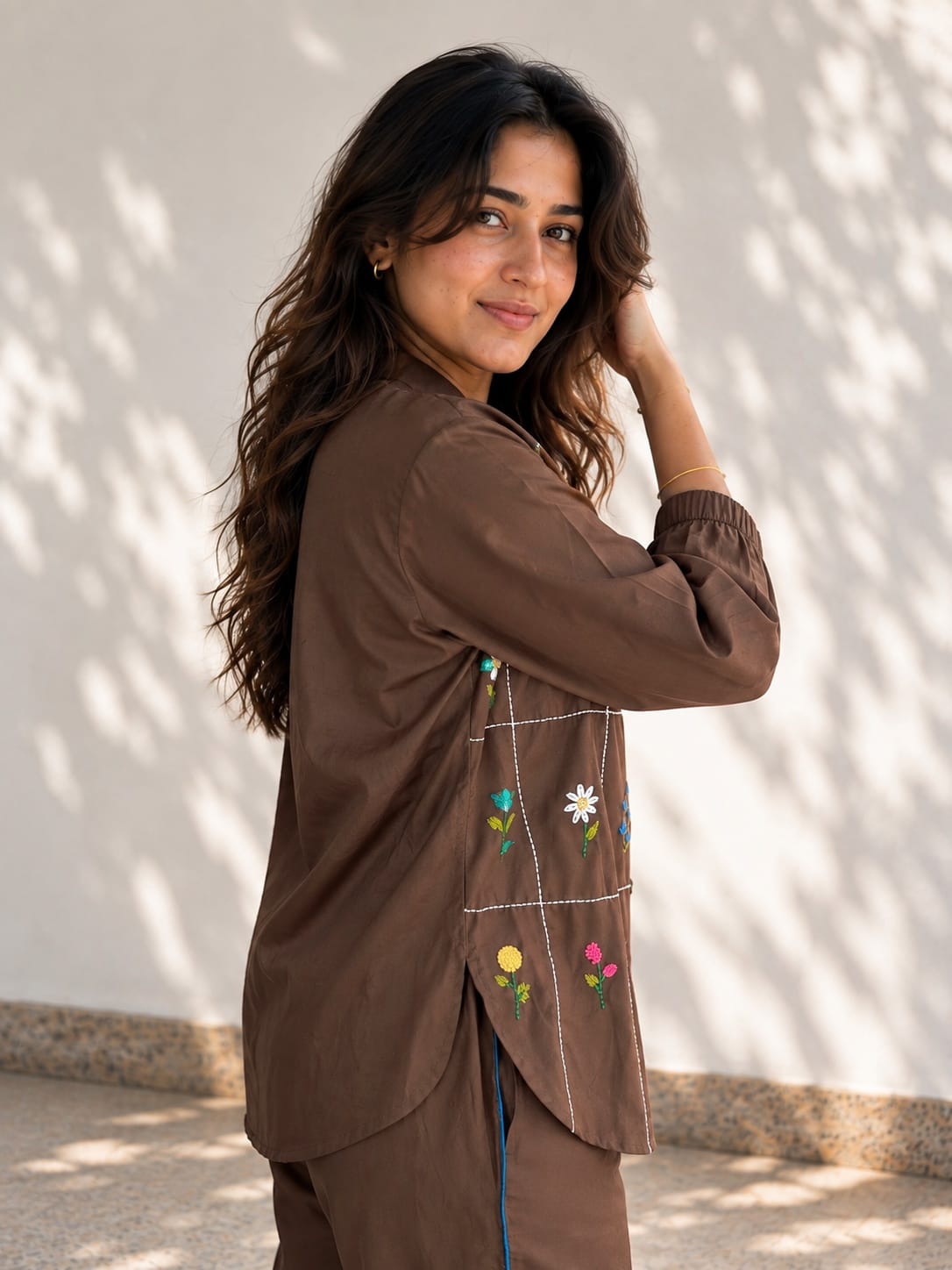 Chocolate Brown Floral Embroidered Co Ord
