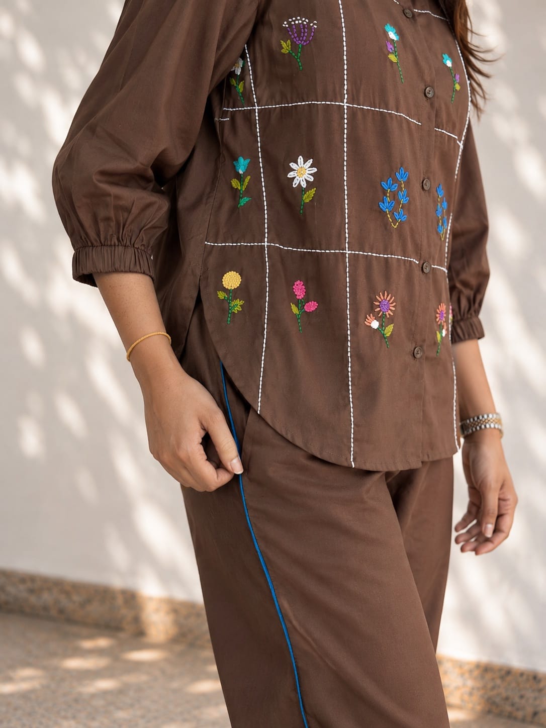 Chocolate Brown Floral Embroidered Co Ord