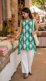 Green Tiger Print Cotton Short Kurti Set