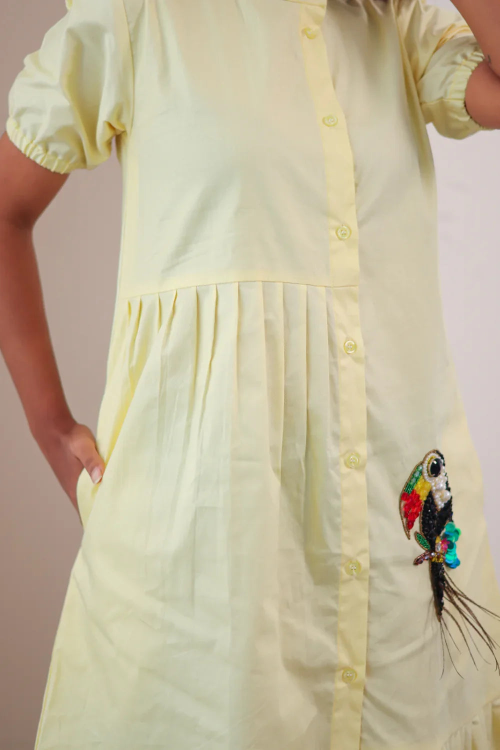 Yellow button-front dress with short puff sleeves and beaded parrot embroidery