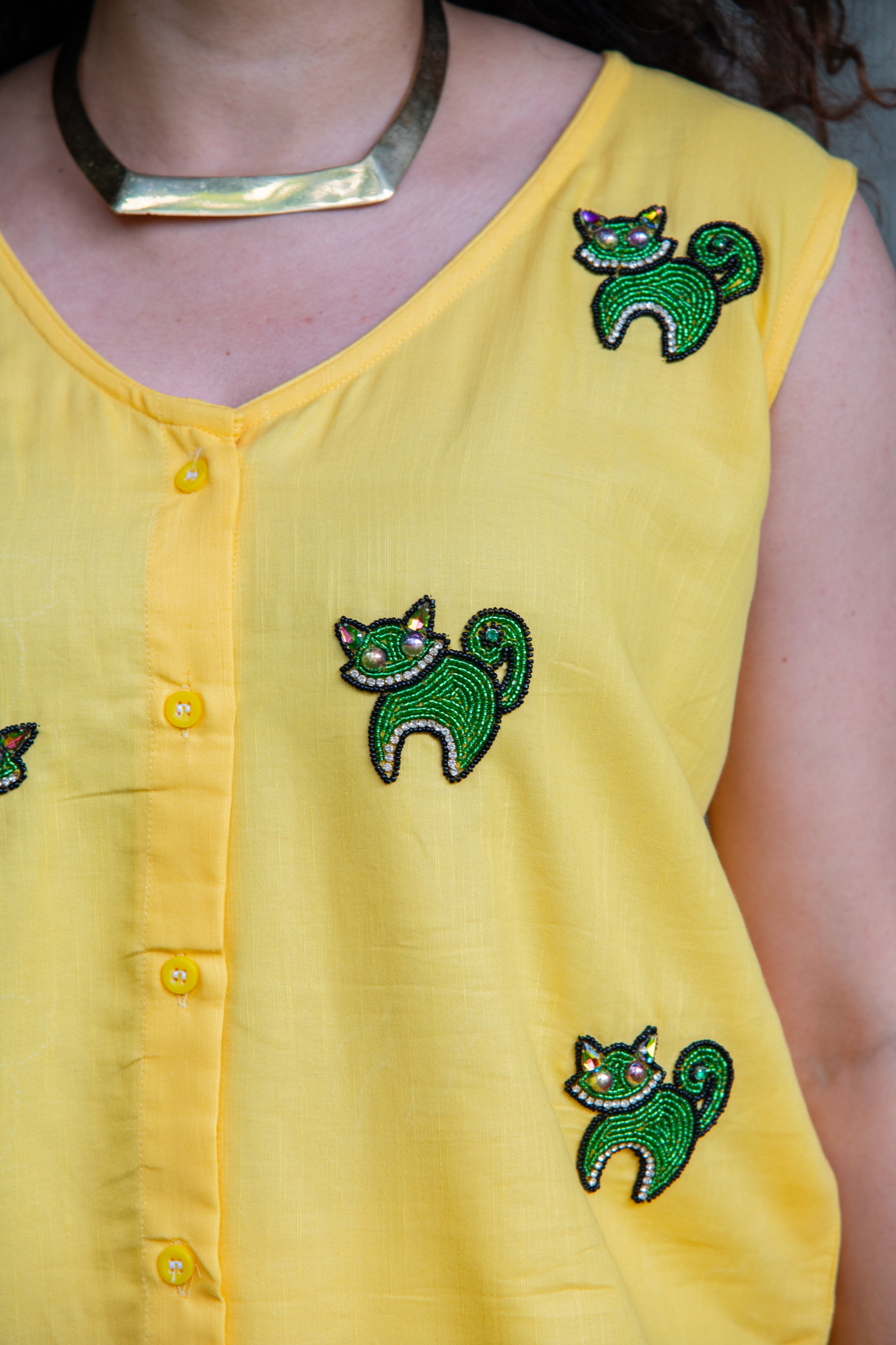 Yellow Cotton Co-Ord with Cat Embroidery - Label Xari