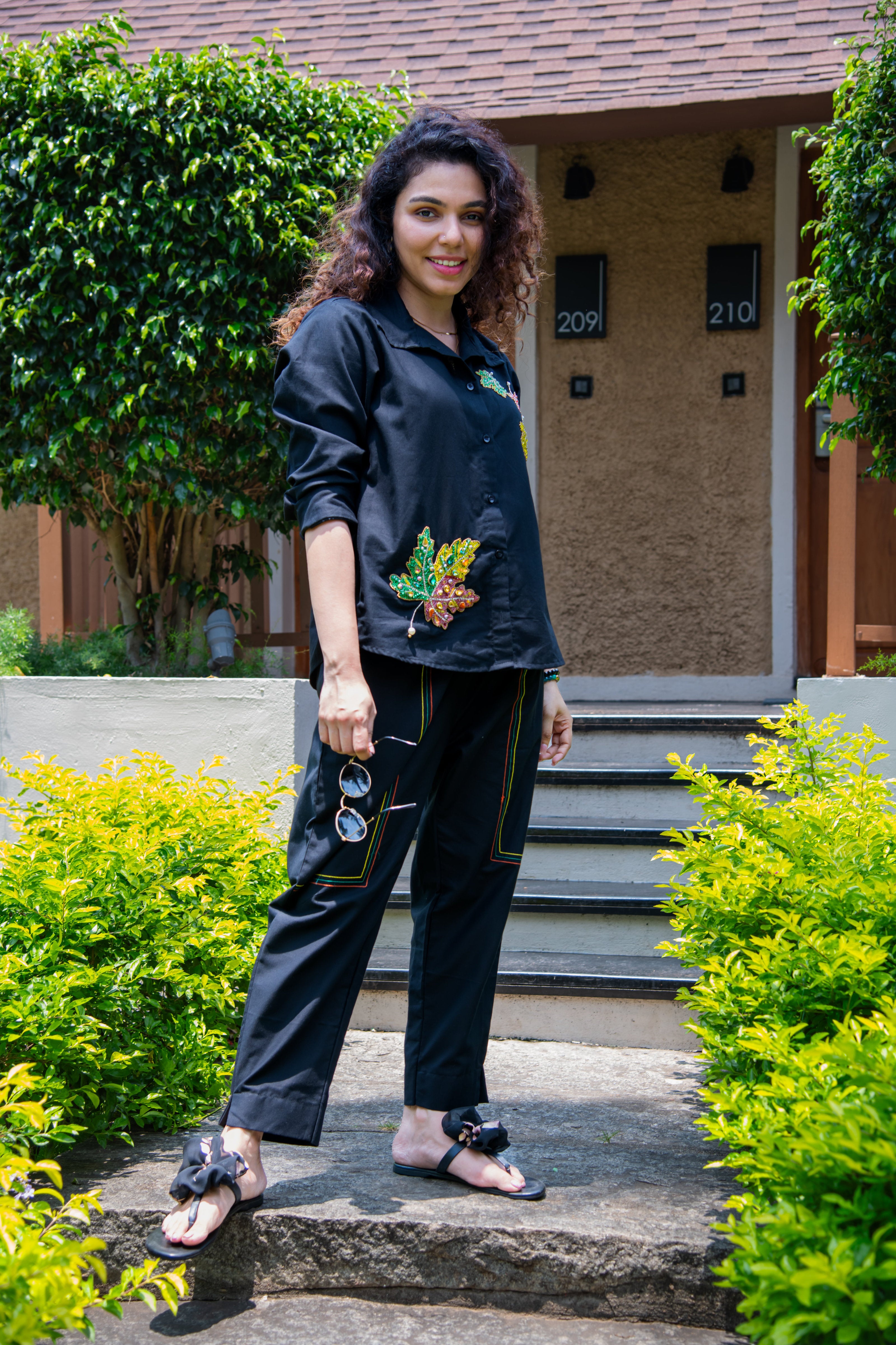 Black Cotton Linen Co-Ord With Maple Leaf Embroidery - Label Xari