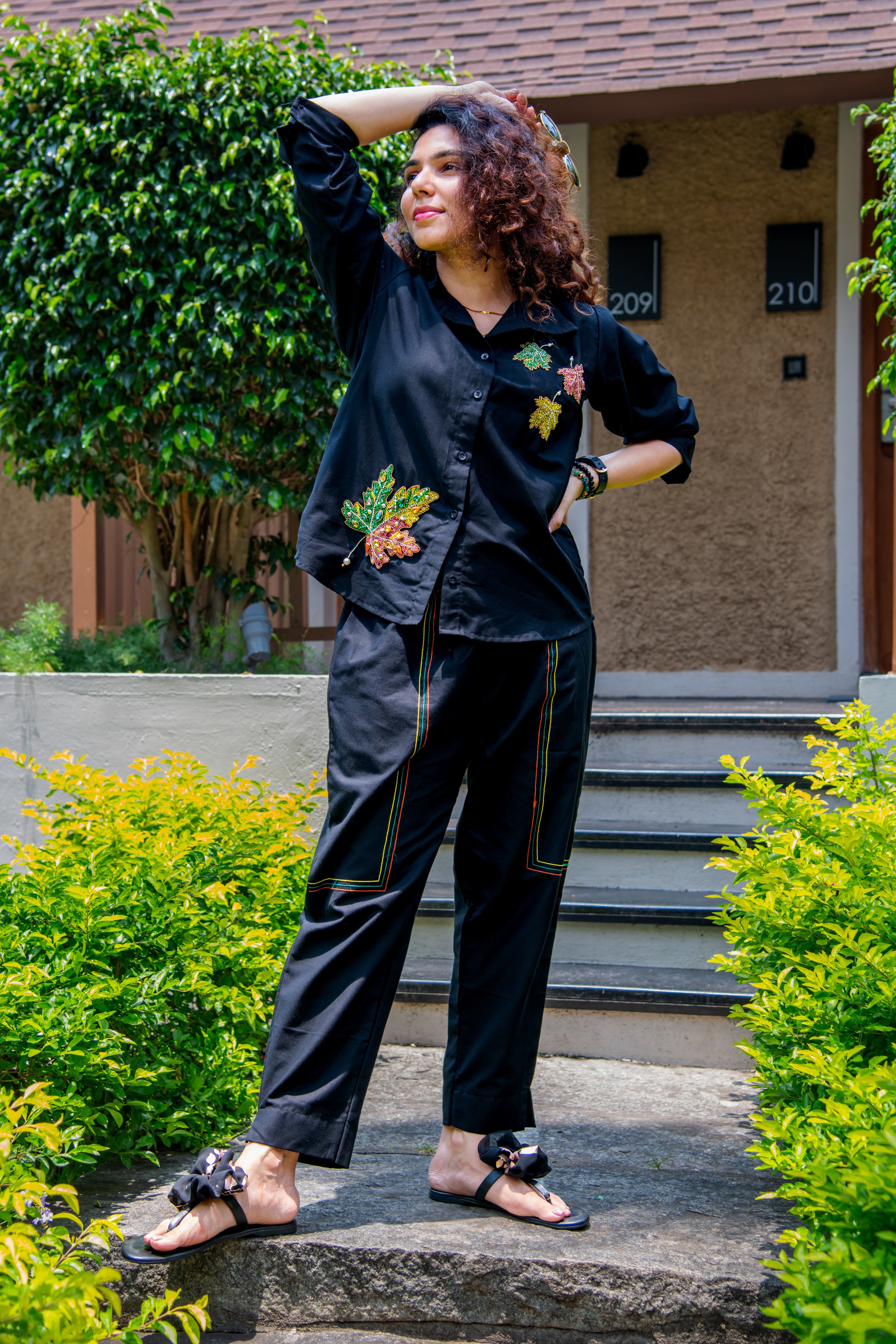Black Cotton Linen Co-Ord With Maple Leaf Embroidery - Label Xari