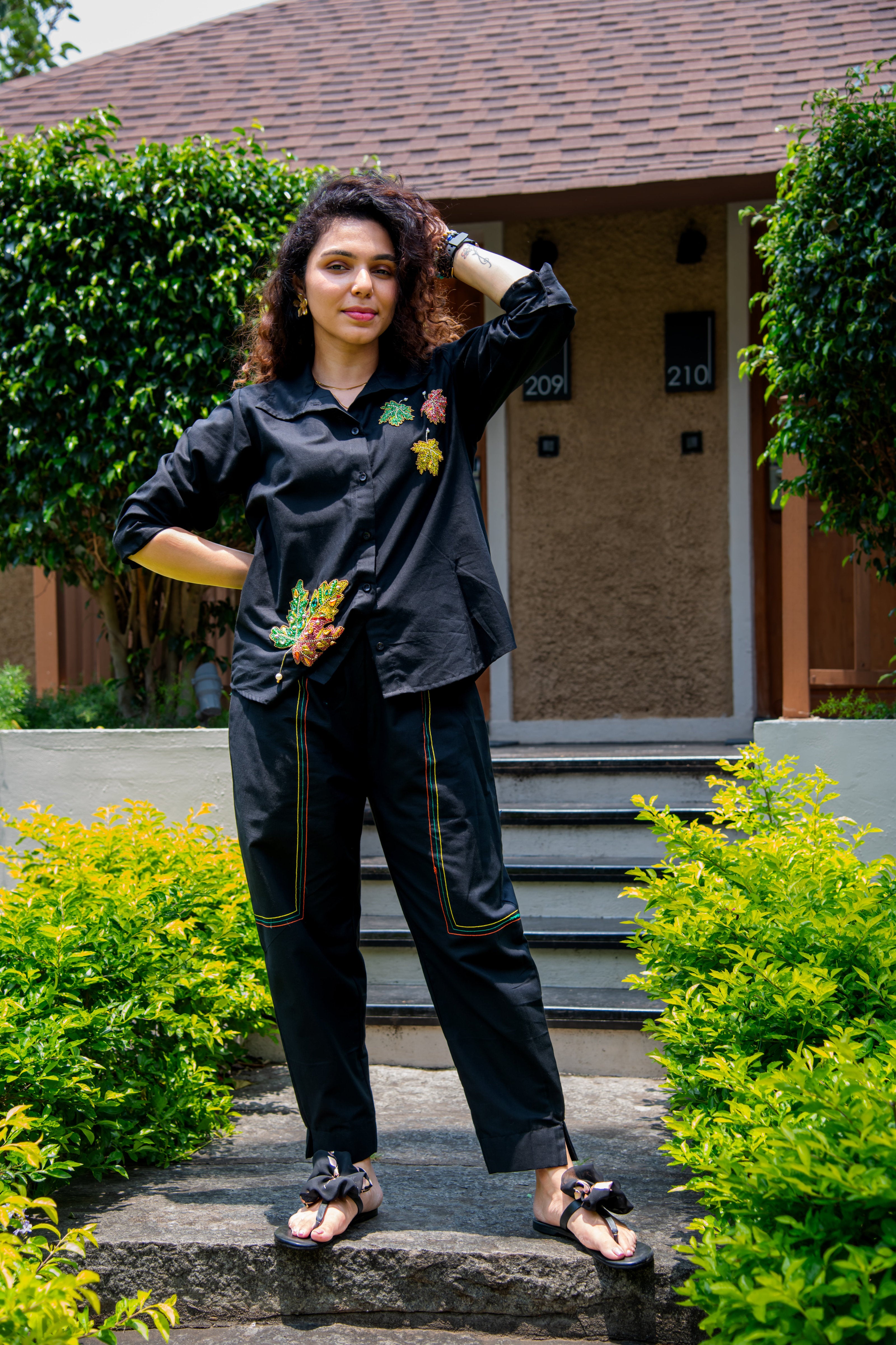 Black Cotton Linen Co-Ord With Maple Leaf Embroidery - Label Xari