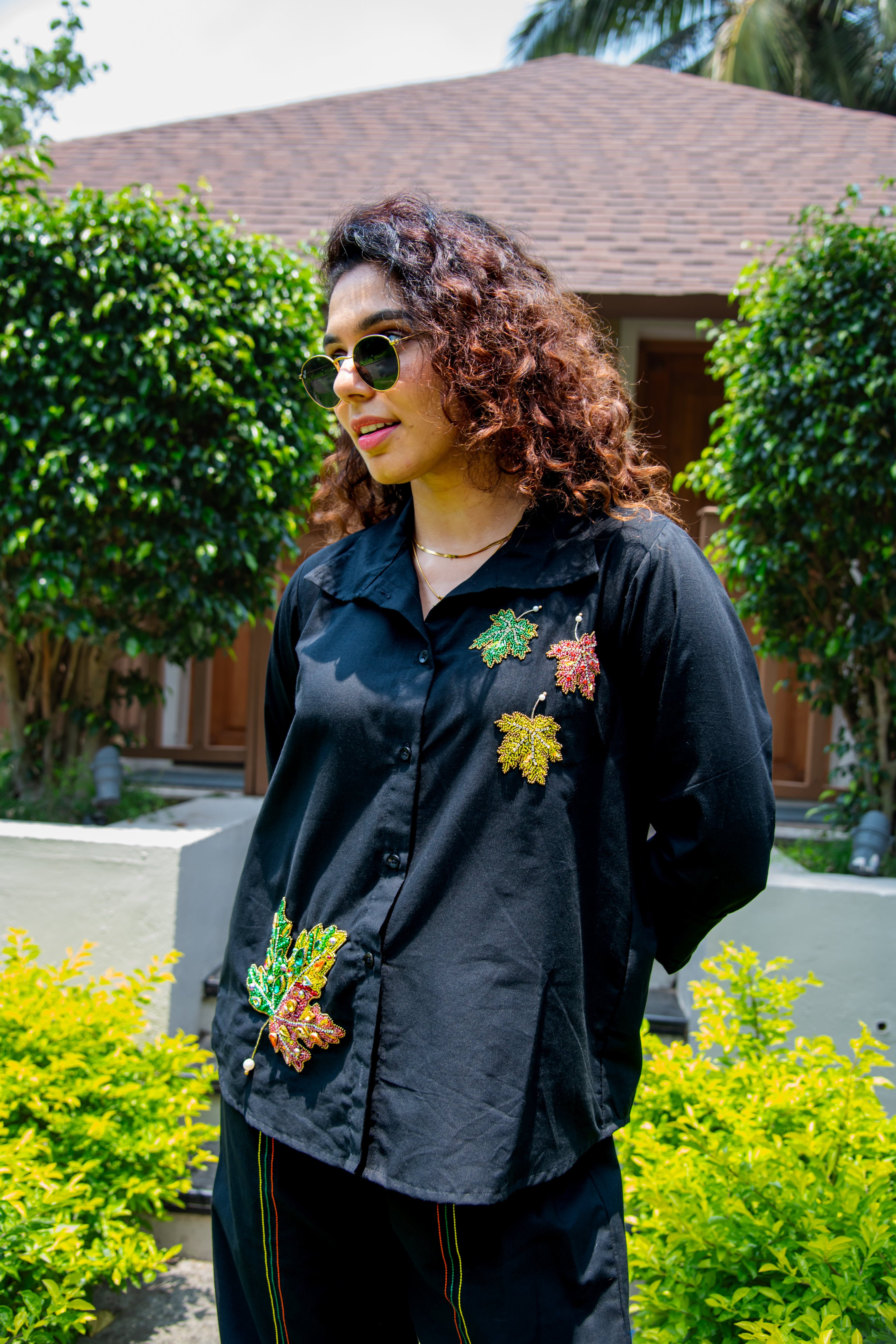 Black Cotton Linen Co-Ord With Maple Leaf Embroidery - Label Xari