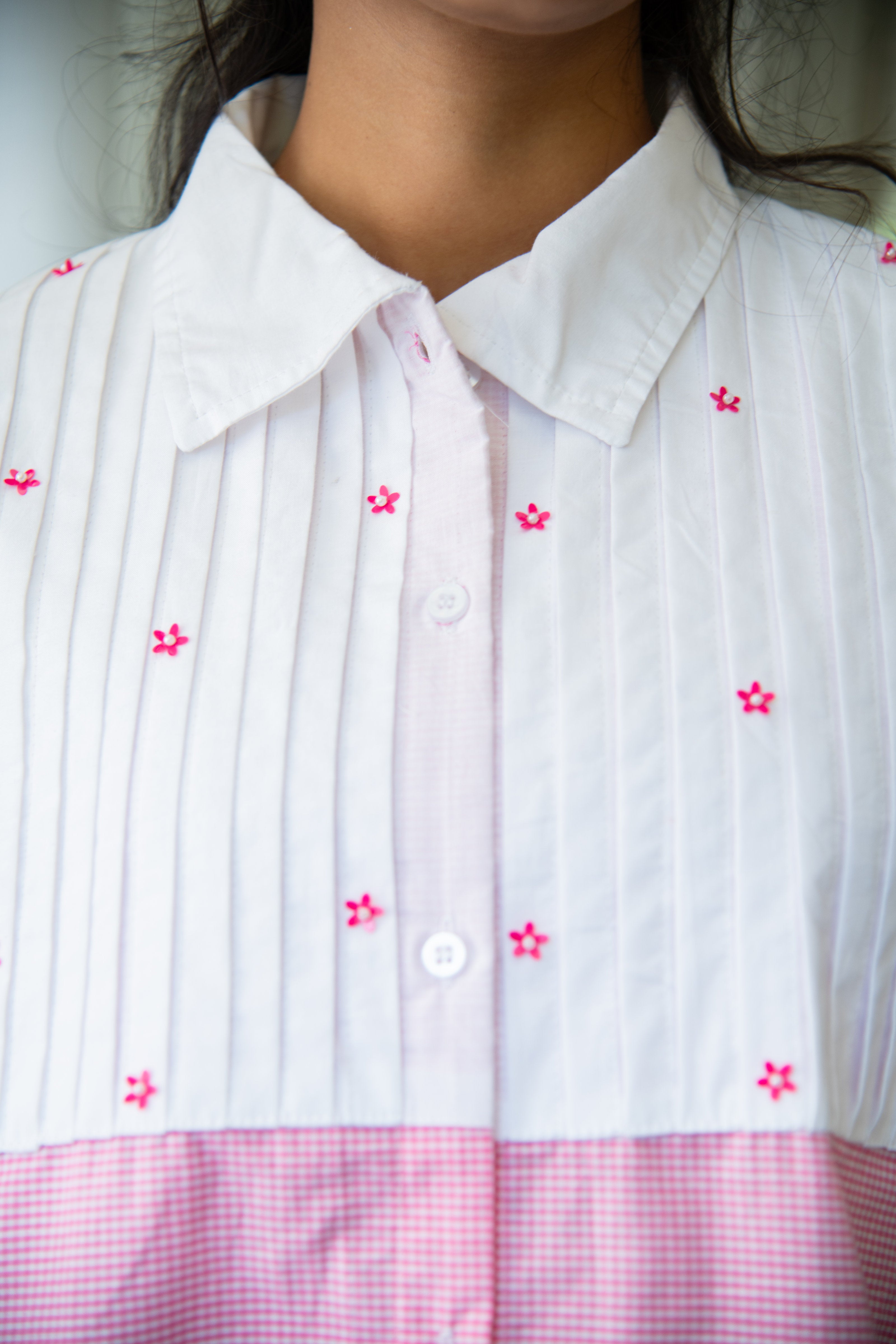 Pink Checks Cotton Shirt with Flower Embroidery - Label Xari
