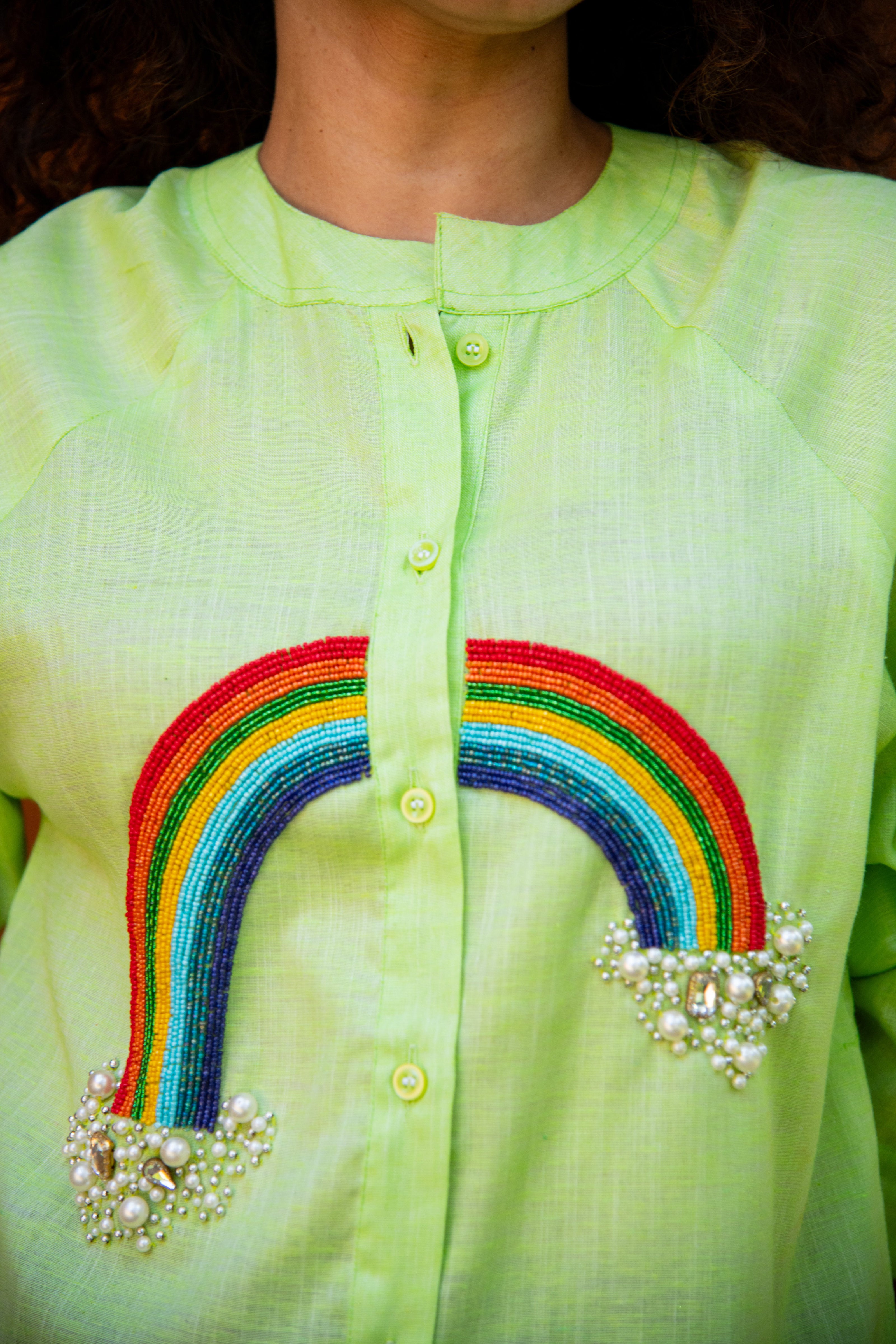 Green Slub Cotton Shirt with Rainbow Embroidery - Label Xari
