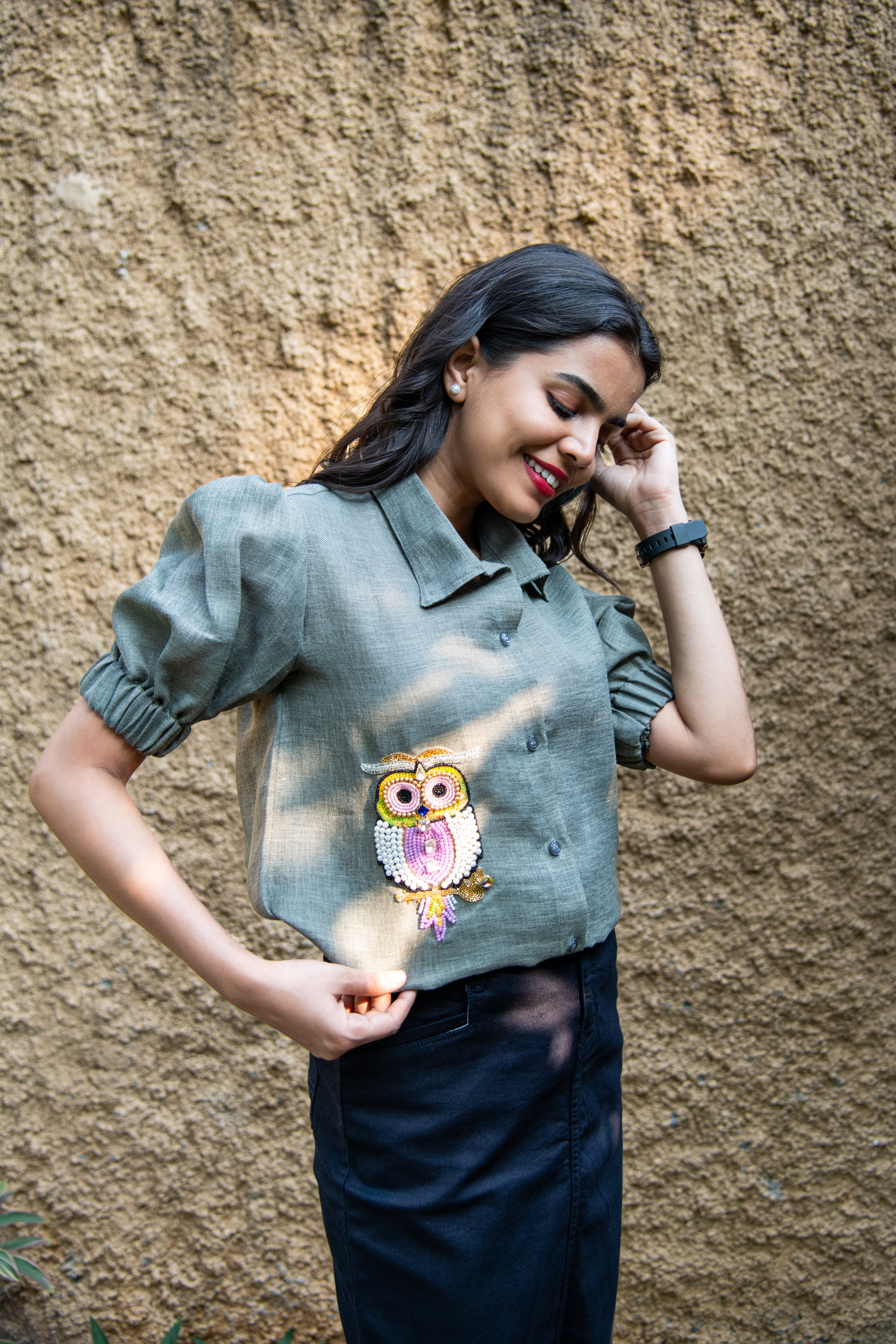 Grey Cotton Linen Shirt with Owl Embroidery - Label Xari