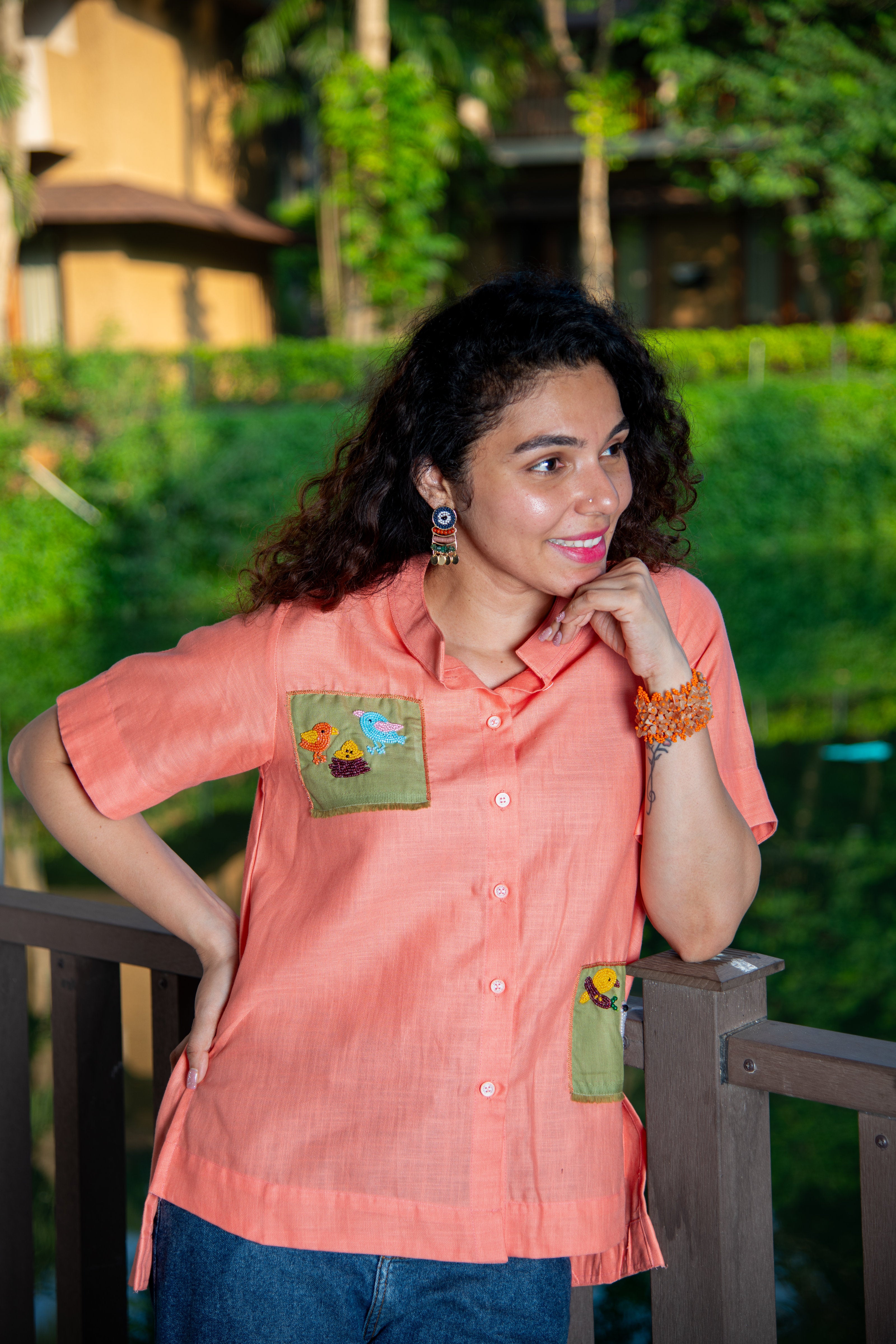 Coral Haze Cotton Shirt with Puppy Embroidery - Label Xari