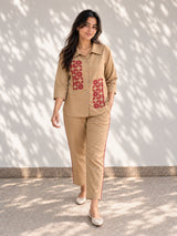 Beige Cotton Embroidered Co Ord