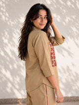 Beige Cotton Embroidered Co Ord